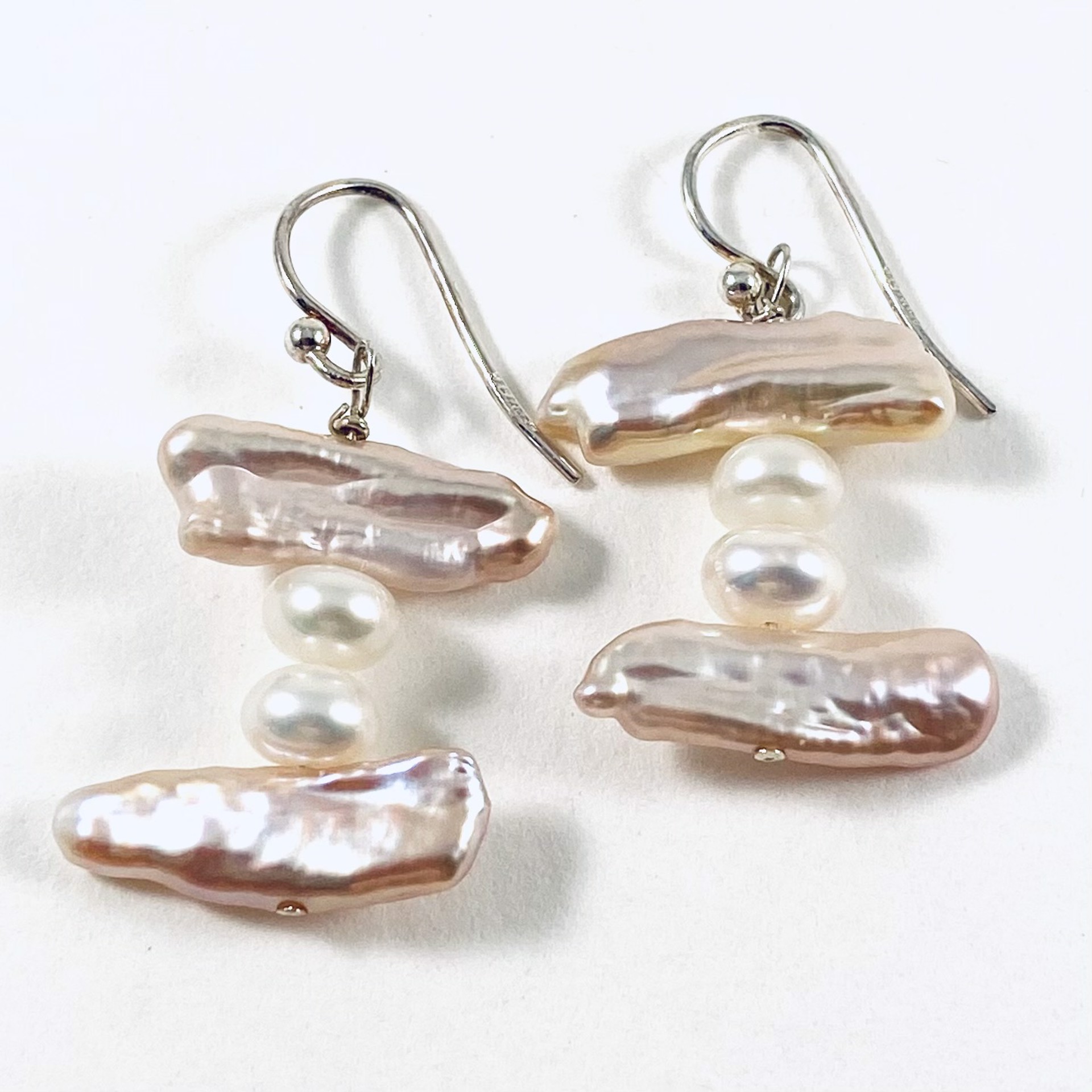 Pink Biwa Pearl, White Pearl Earrings NT21-2 by Nance Trueworthy