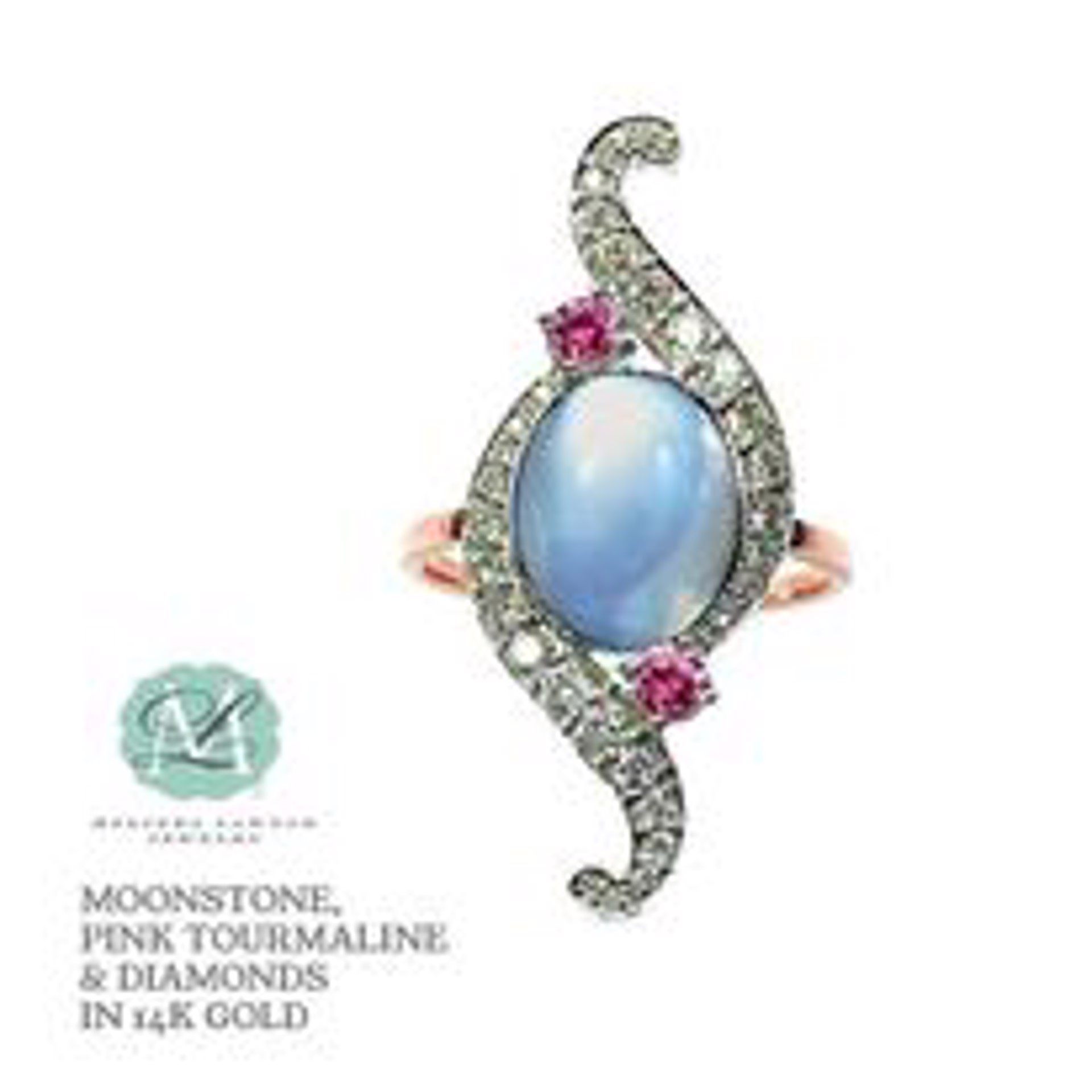 "Toi et Moi" Canadian OVal Moonstone cabochon with pink tourmaline accent stones with diamonds in 14k rose and white gold by Melinda Lawton Jewelry