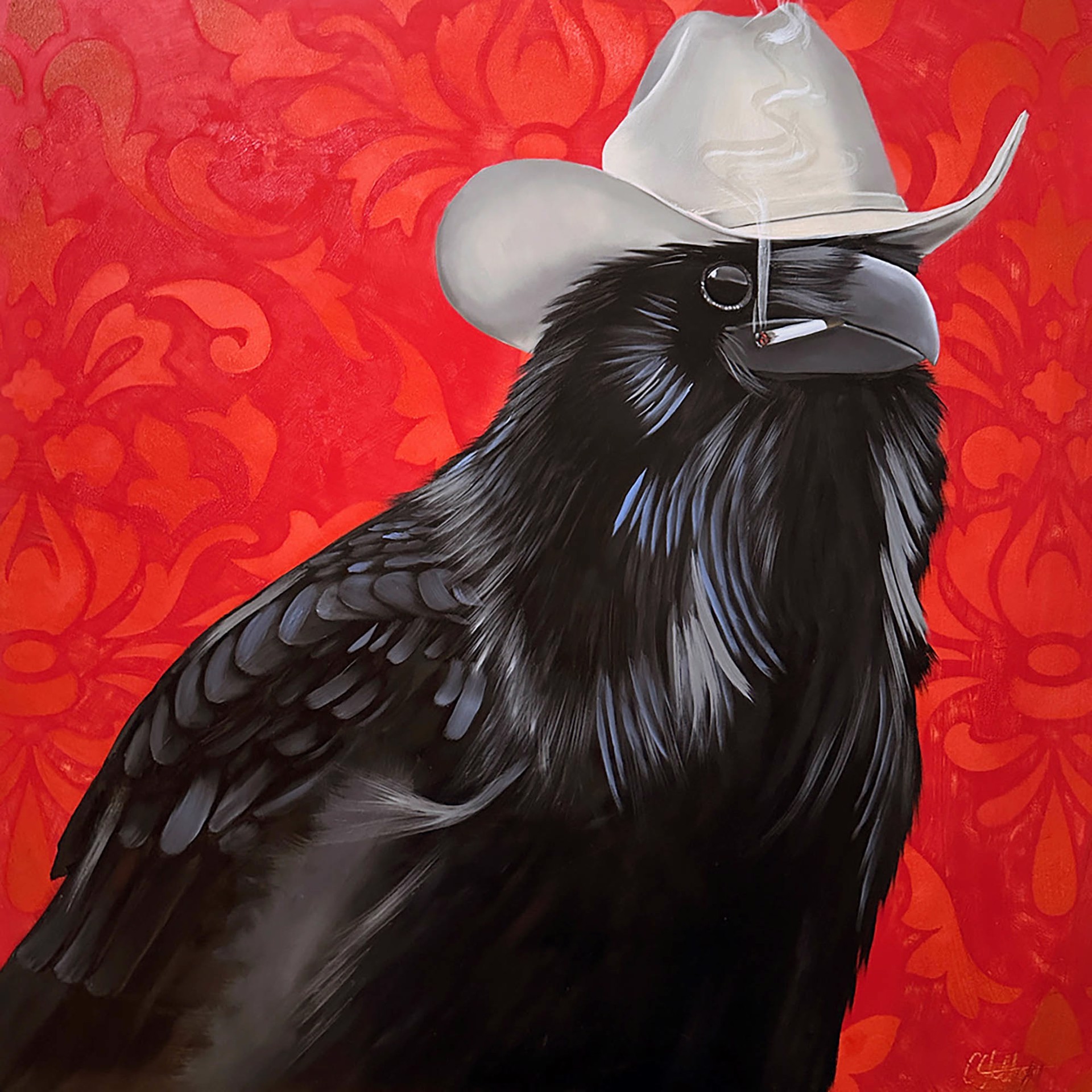 Original Painting by Christy Stallop Featuring a Raven Wearing a Cowboy Hat Smoking a Cigarette on a Red Background