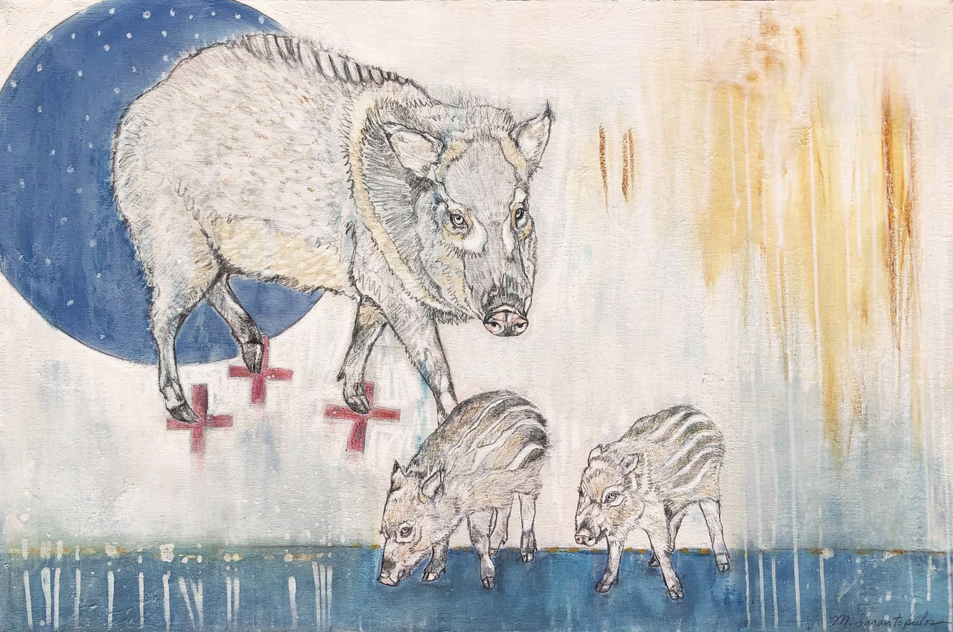 Original Mixed Media Painting Featuring Three Wild Boar Over Abstract Background