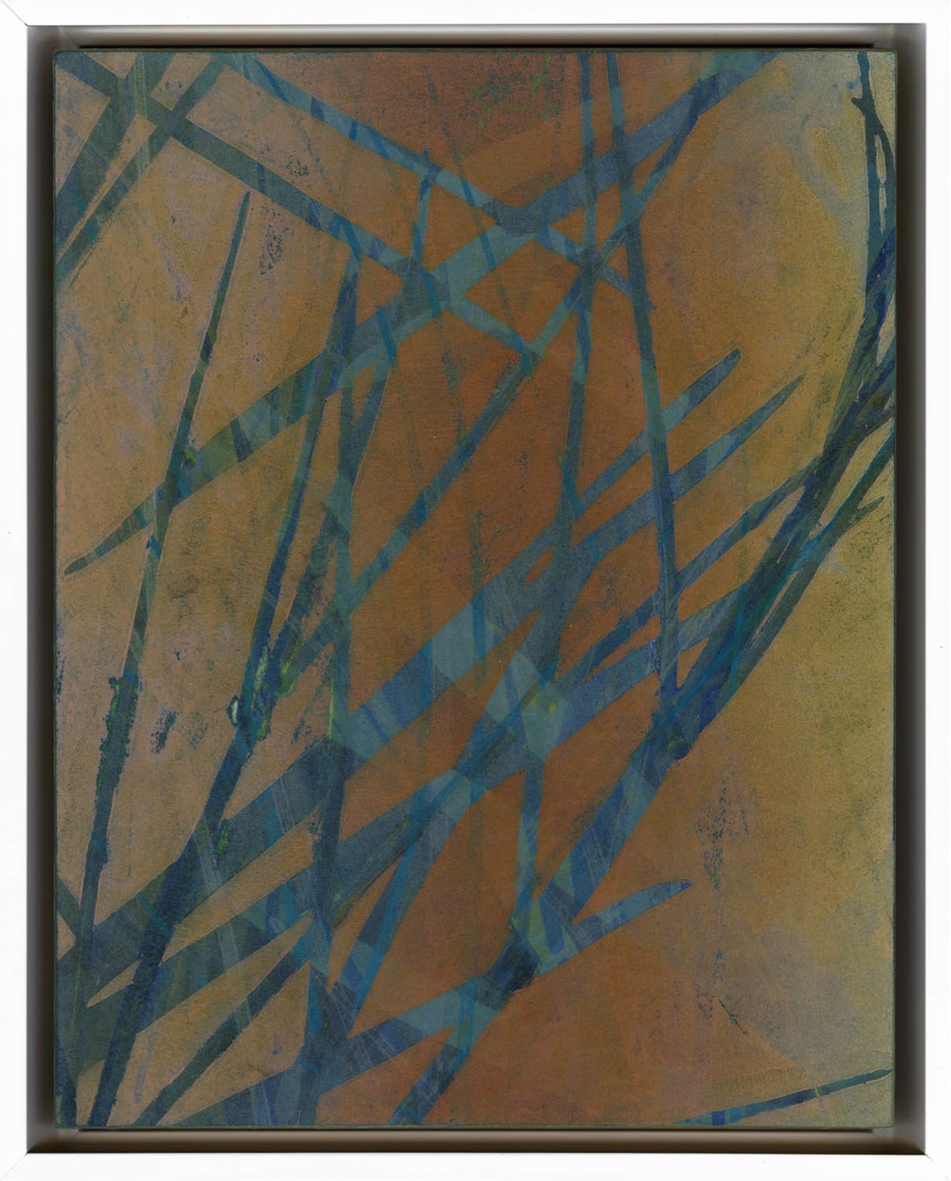 Original Abstract Monotype Print By Nina Tichava Featuring Grass Overlayed In Blues And Turquoises With Orange And Yellow Background