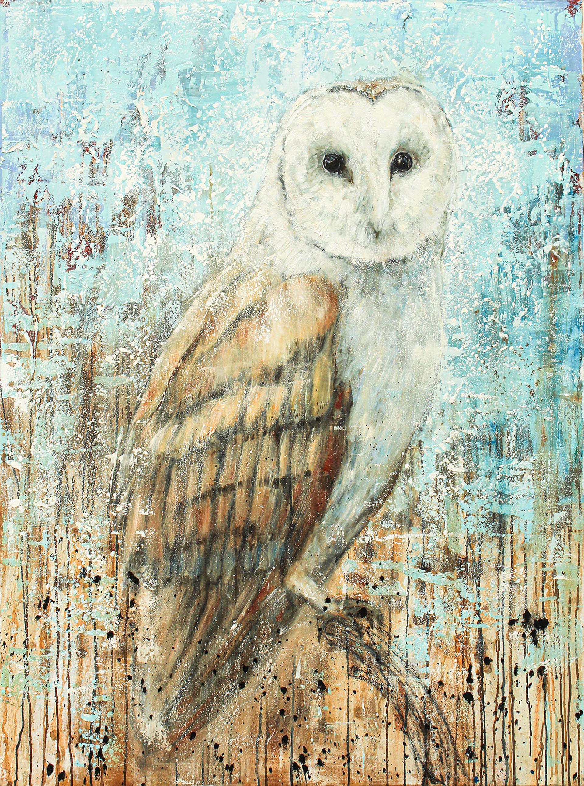 Original Mixed Media Painting Featuring A Snowy Owl On Abstract Blue To Brown Gradient Background With Dripping Details