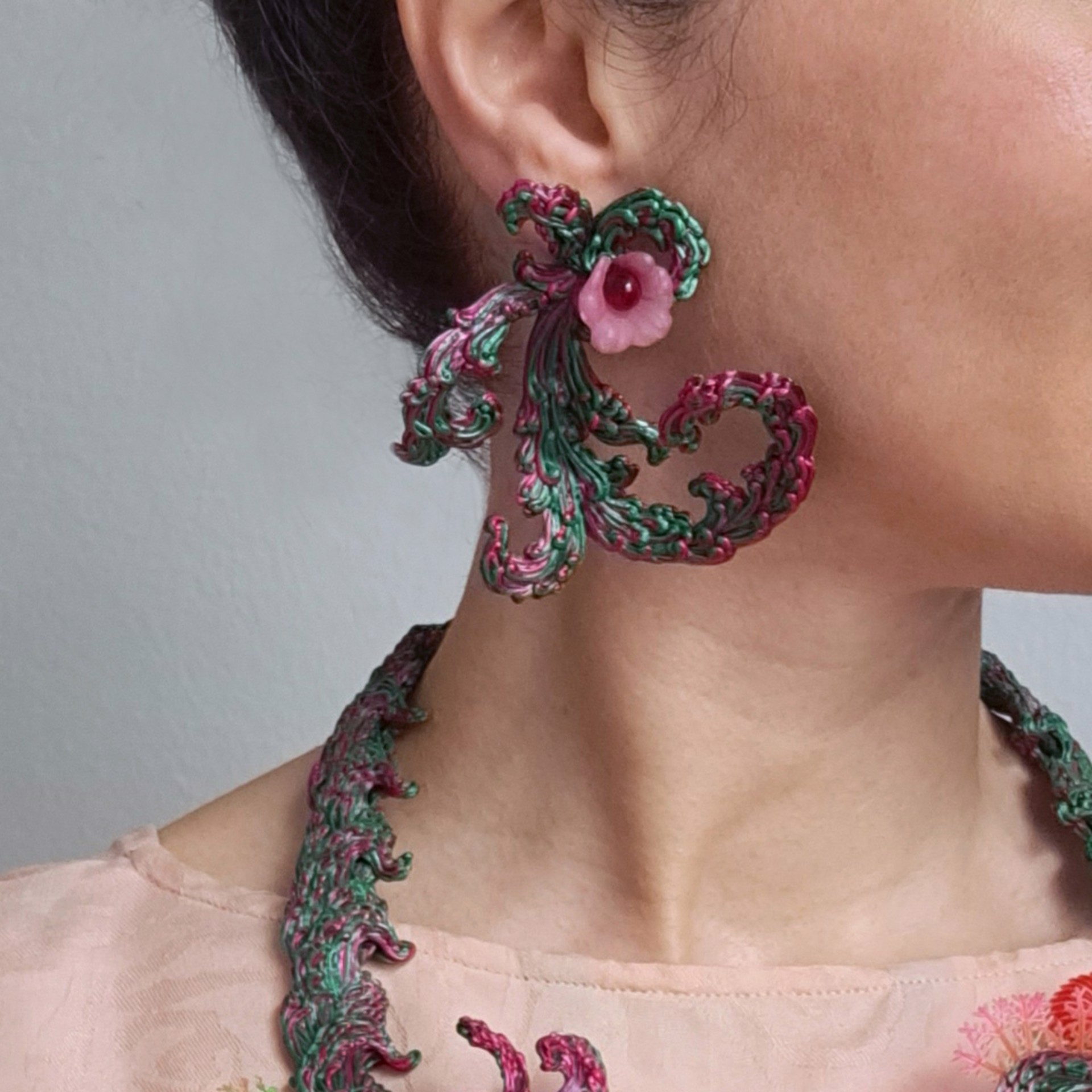 Forest Green Curlicues (Earring) by Carina Shoshtary