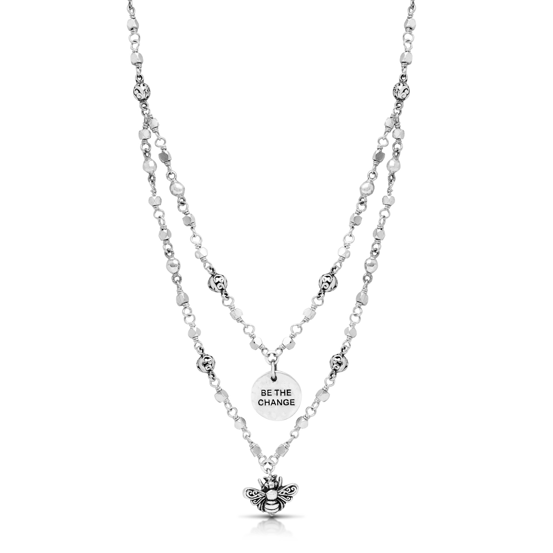 9769 Sterling Silver Double Layered Necklace with Bee Pendant and "Be the Change" Charm by Lois Hill