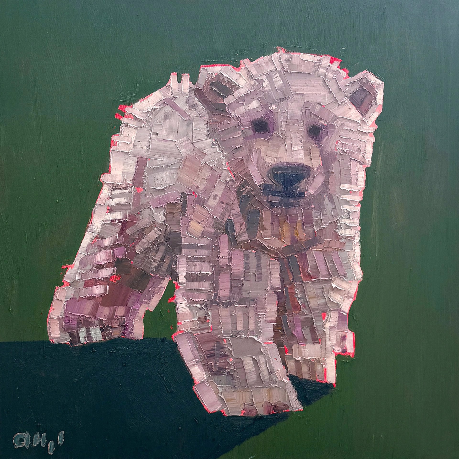 Original Oil Painting By Aaron Hazel Featuring A Polar Bear Cub On A Dark Green Background