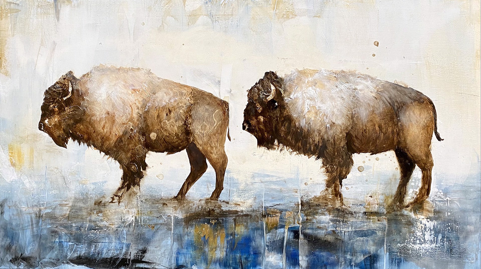 A Contemporary Painting Of Two Bison On A Blue And White Abstract Background By Jenna Von Benedikt At Gallery Wild