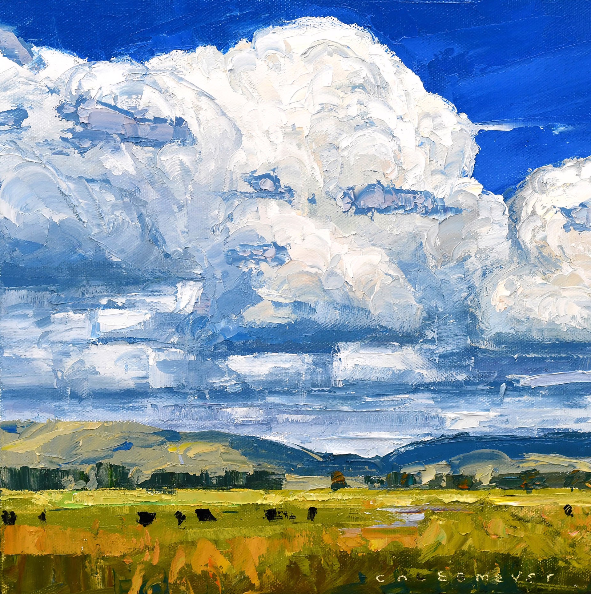 Original Oil Painting Featuring A Summer Mountain Landscape With Big Clouds And Blue Sky