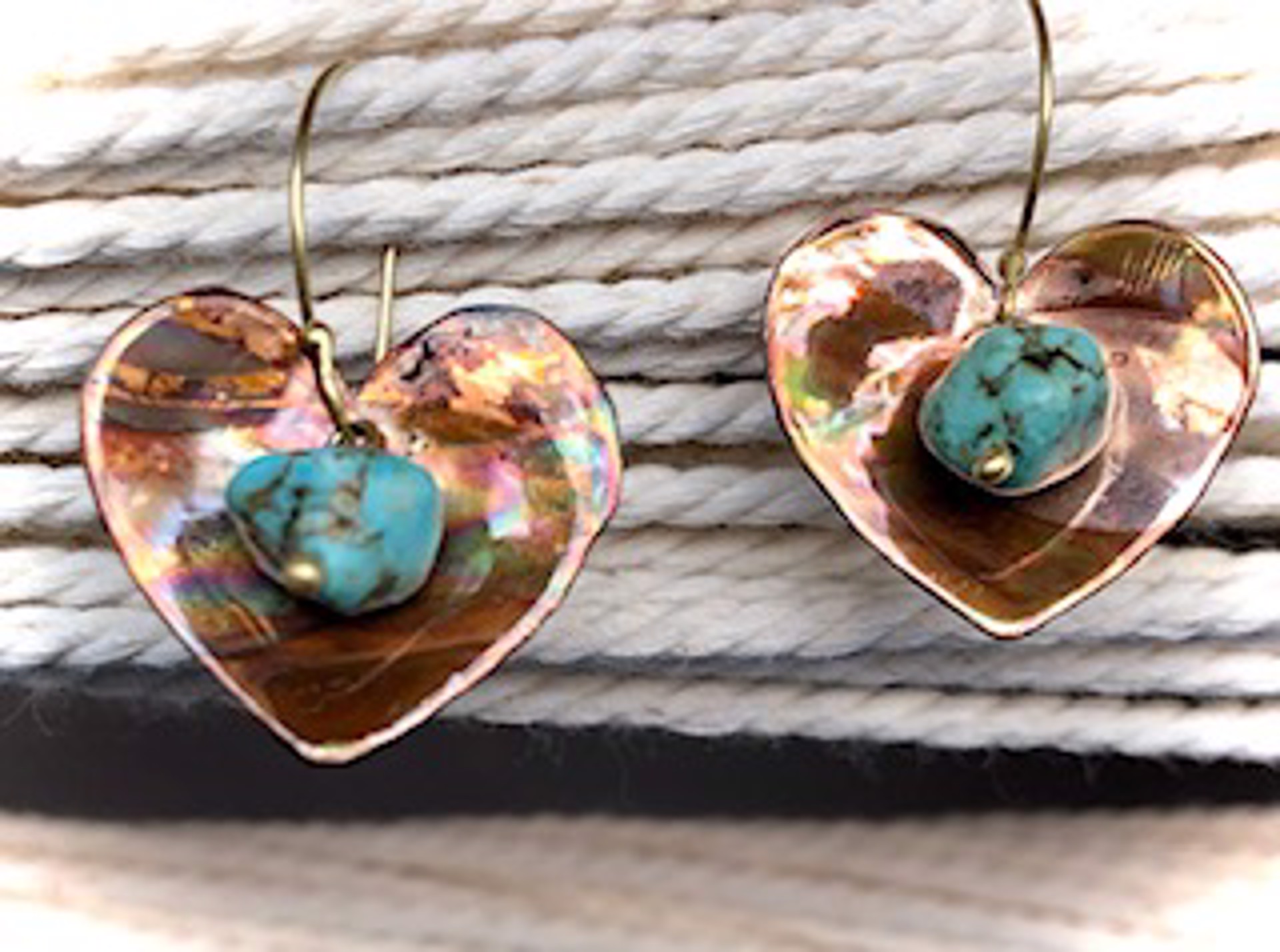Earrings - CopperHearts With Turquoise - #1019 by Vesta Abel