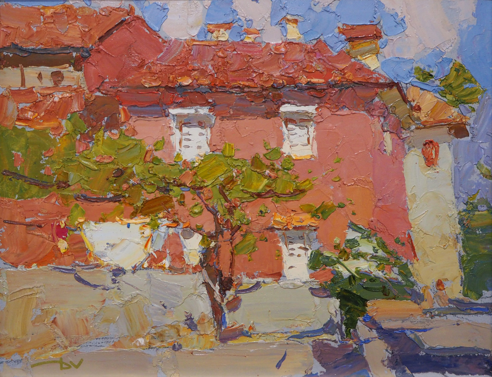 "Red House, Midday" original oil painting by Daniil Volkov