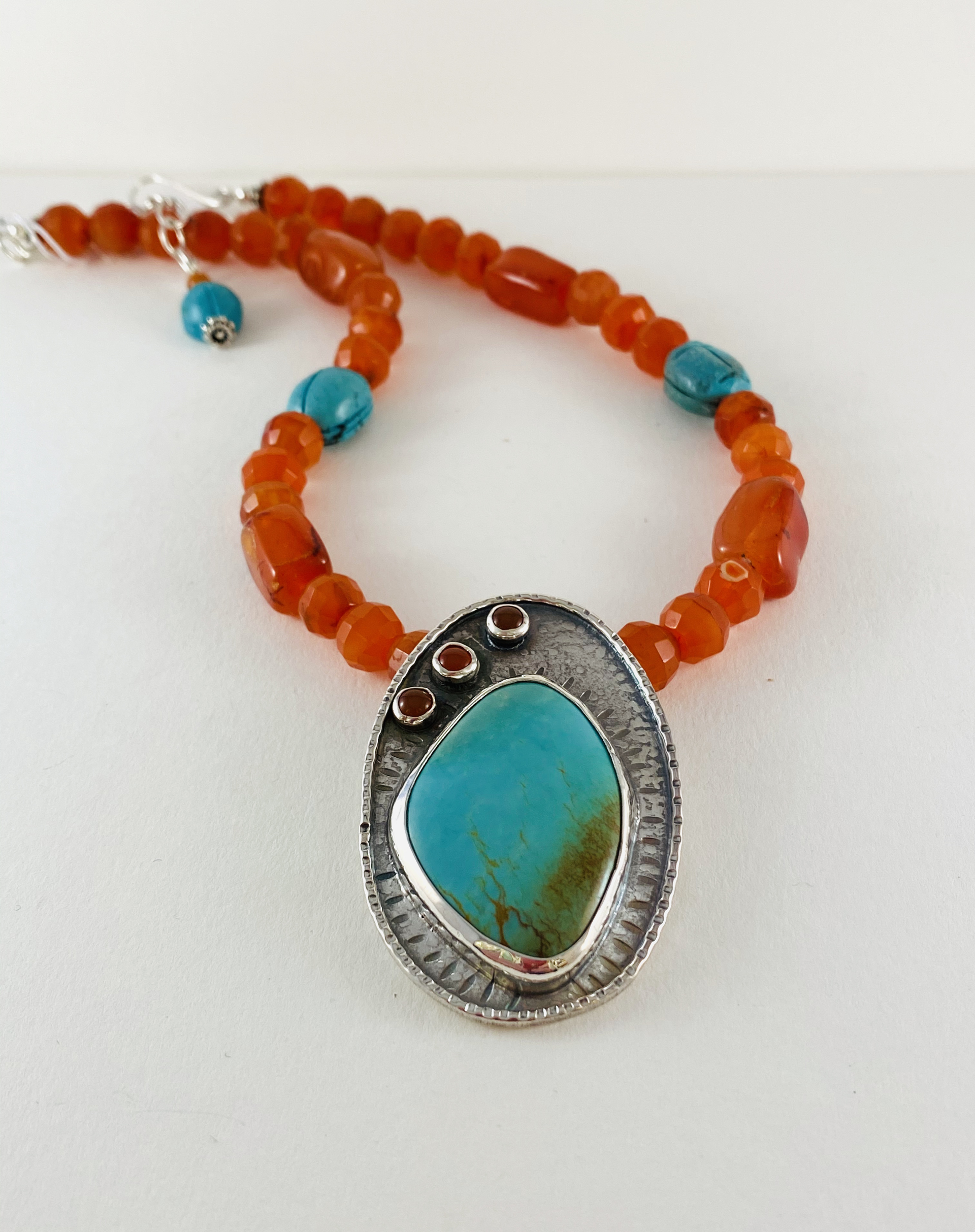 #133 Turquoise and Silver Pendant, Carnelian Necklace  by Anne Bivens