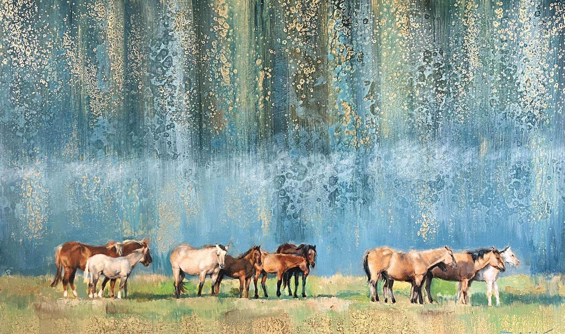 Original Mixed Media Painting By Nealy Riley Featuring Horses On An Abstracted Landscape