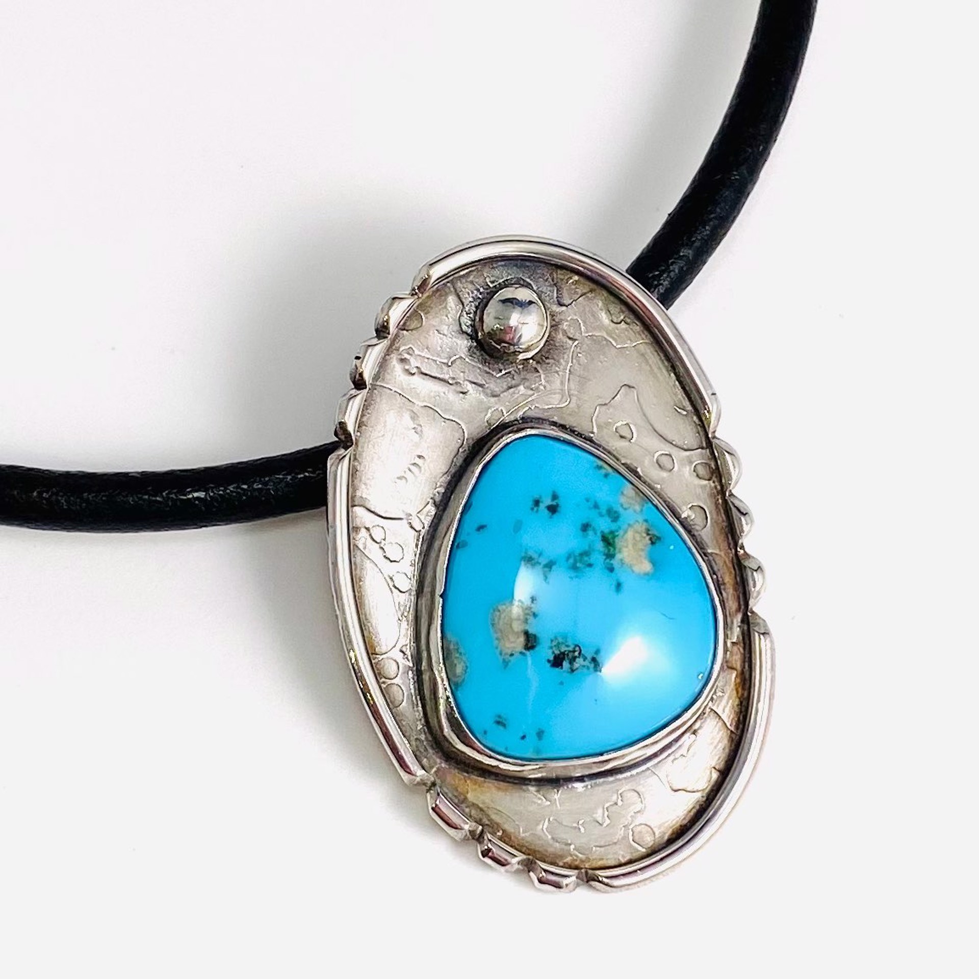 Kingman Turquoise and Sterling Pendant on Black Leather Necklace AB21-41 by Anne Bivens