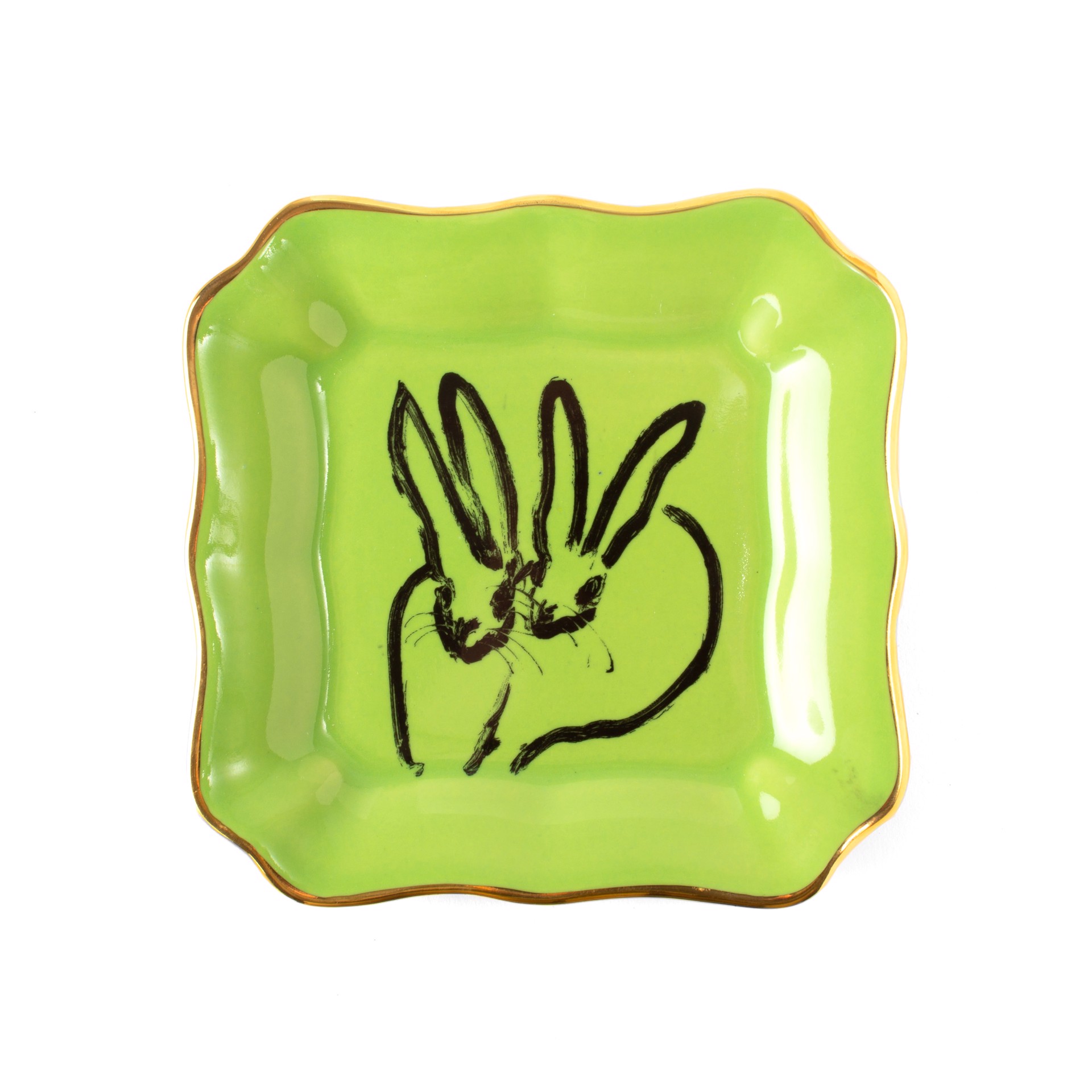 Green Portrait Plate with Hand-Painted Gold Rim by Hunt Slonem Hop Shop