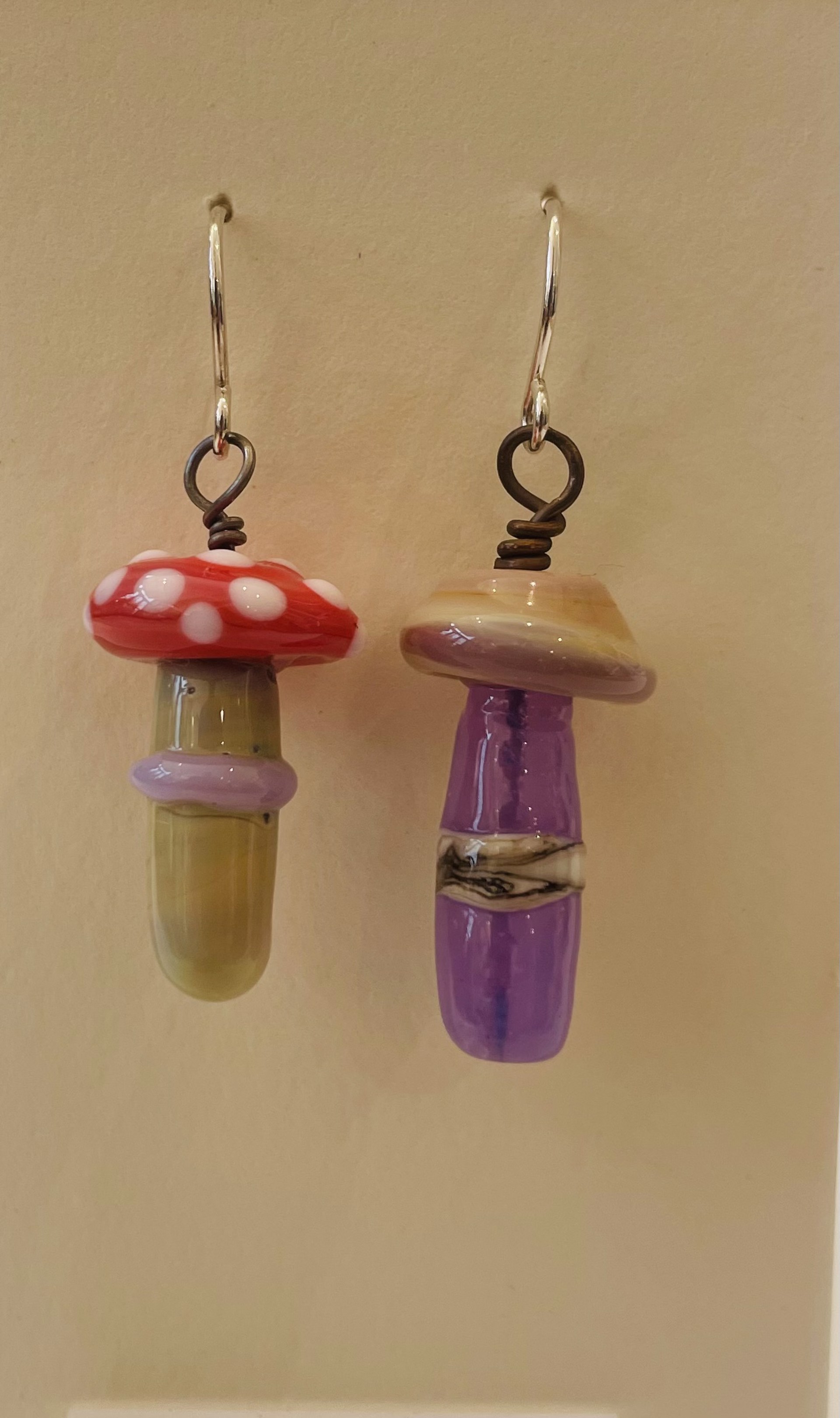 Mushroom Earrings Purple Stem/Neutral Stem with Red Top by Emelie Hebert