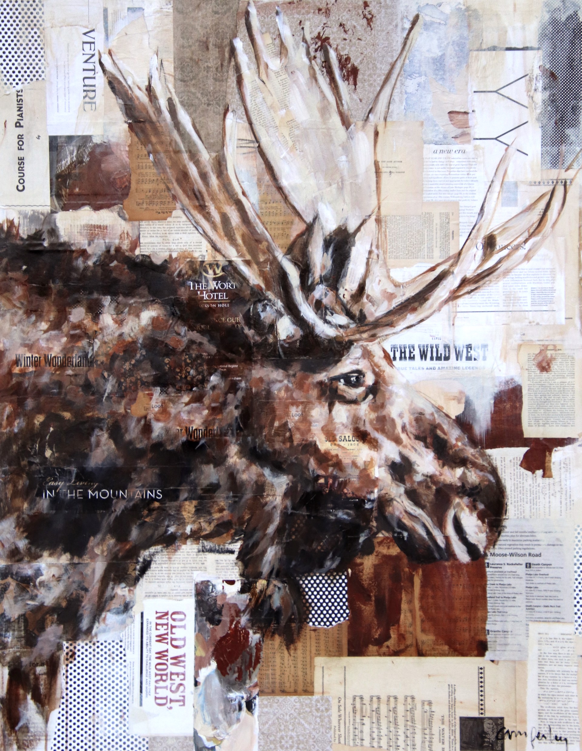 Original Mixed Media Artwork Featuring A Moose Head
