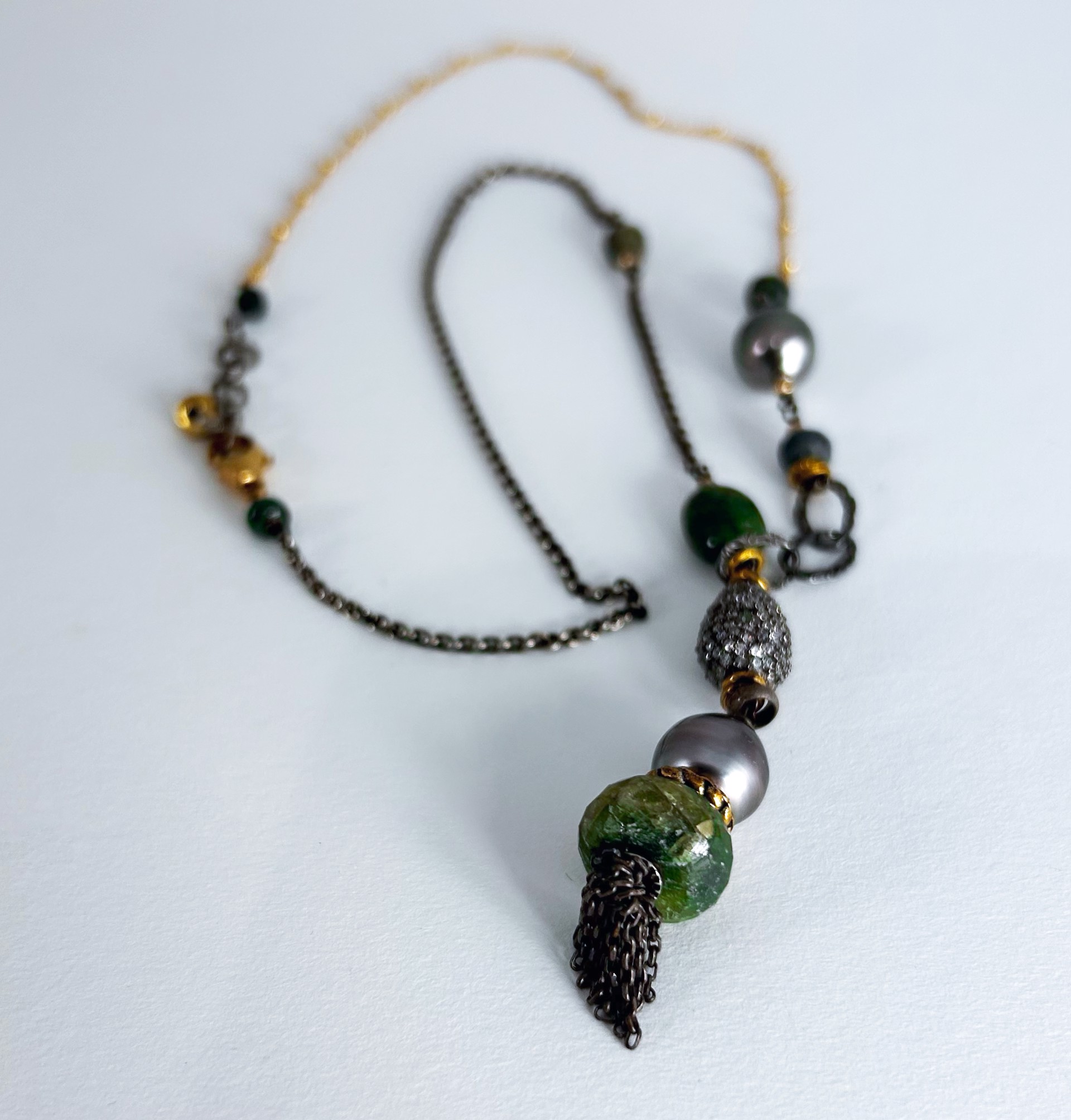 Jade, black pearl, emerald, CZ pave, sterling silver, and gold vermeil by Jeri Mitrani