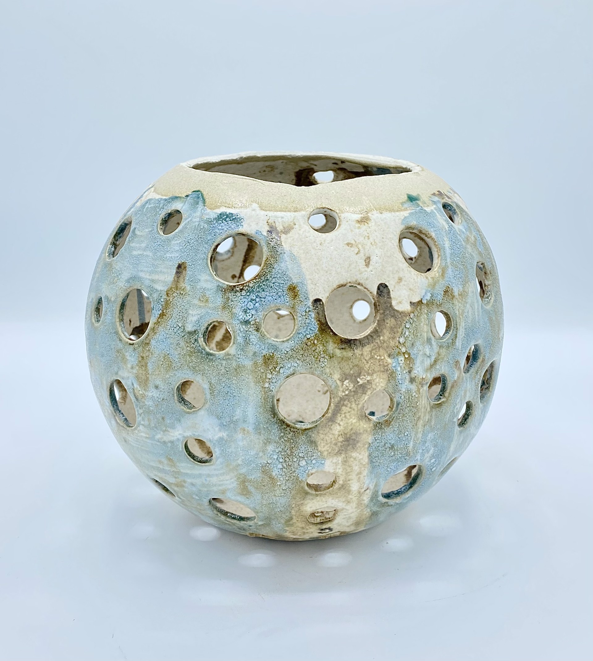 Round Cylinder With Holes Char and Blue by Satterfield Pottery