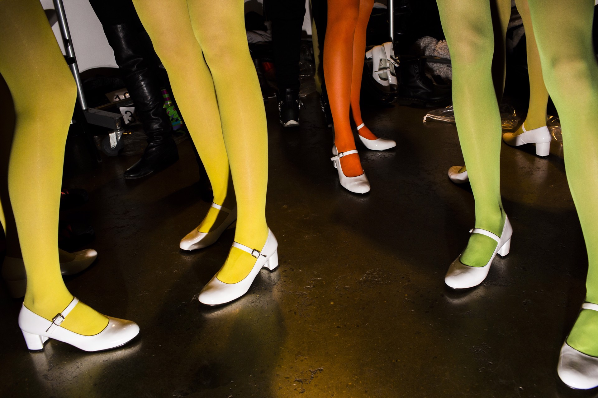 Backstage at Jeremy Scott (with colored tights), Out of Fashion series, NYC by Landon Nordeman