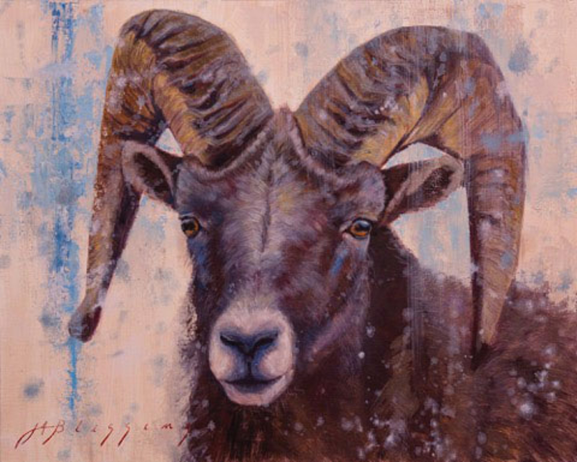 Original Oil Painting Featuring A Big Horn Sheep Portrait Over Blue And Tan Abstract Background