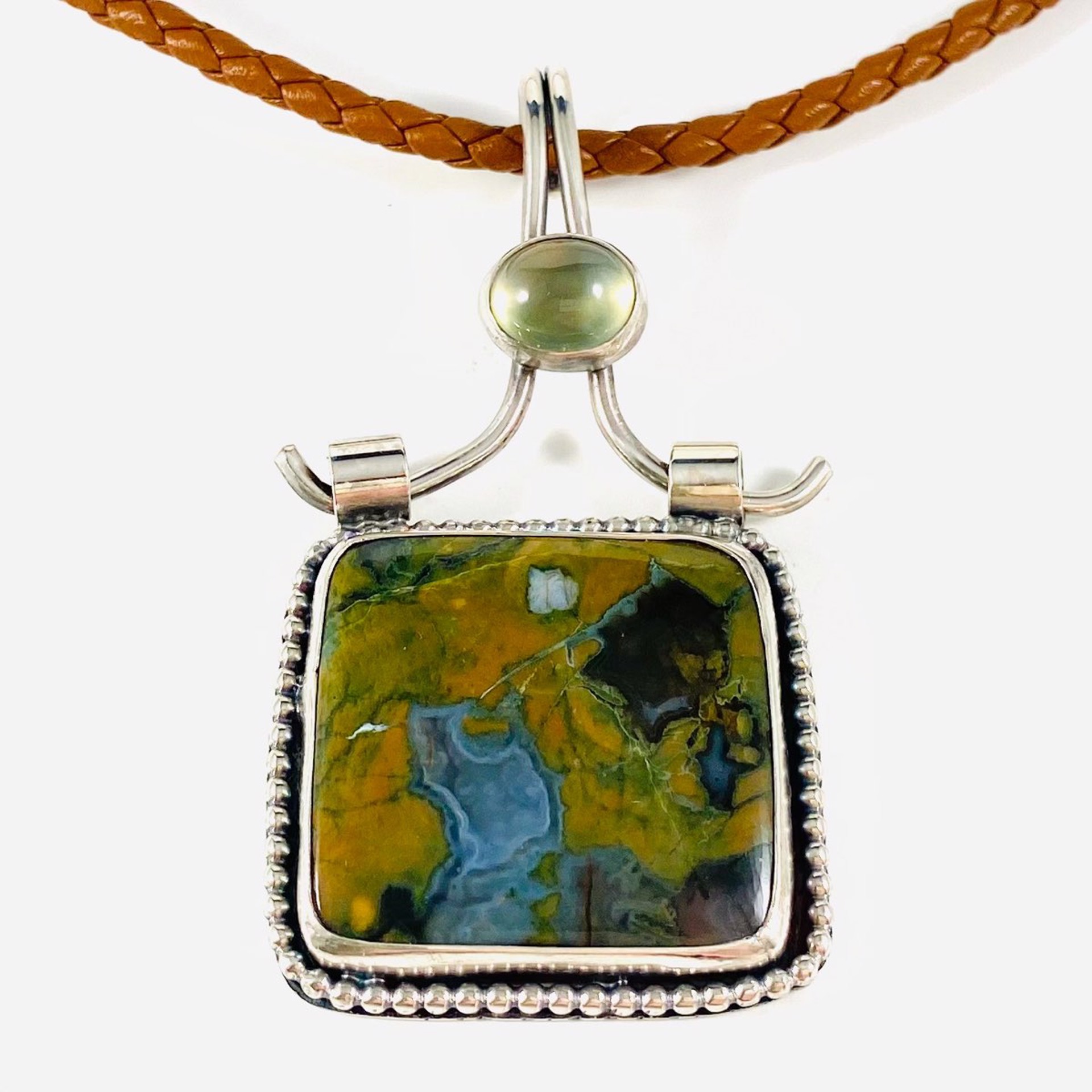 Square Rain Forest Jasper with beaded bezel Oval Prenite 3" Pendant on Braided Leather Necklace AB22-95 by Anne Bivens