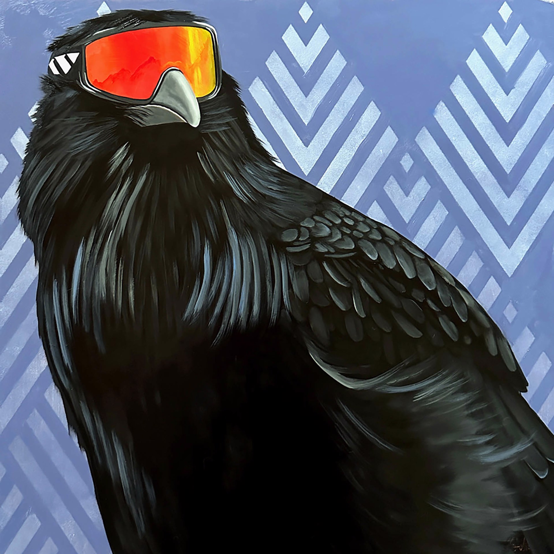 Original Painting by Christy Stallop Featuring a Raven Wearing Goggles on a Blue Background with the Grand Tetons