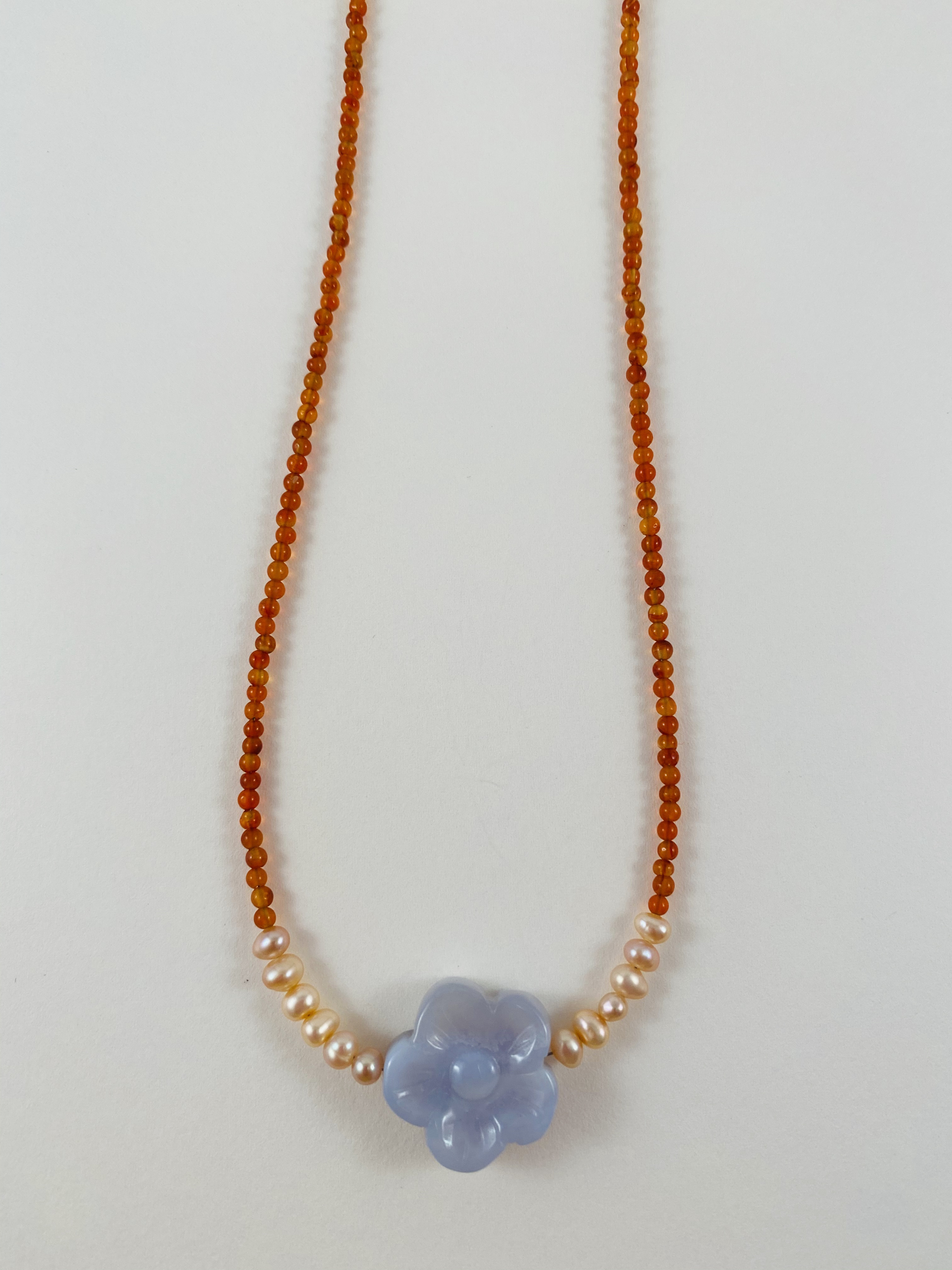 Tine Carnelian and Pearl Necklace, carved blue chalcedony pendant by Nance Trueworthy