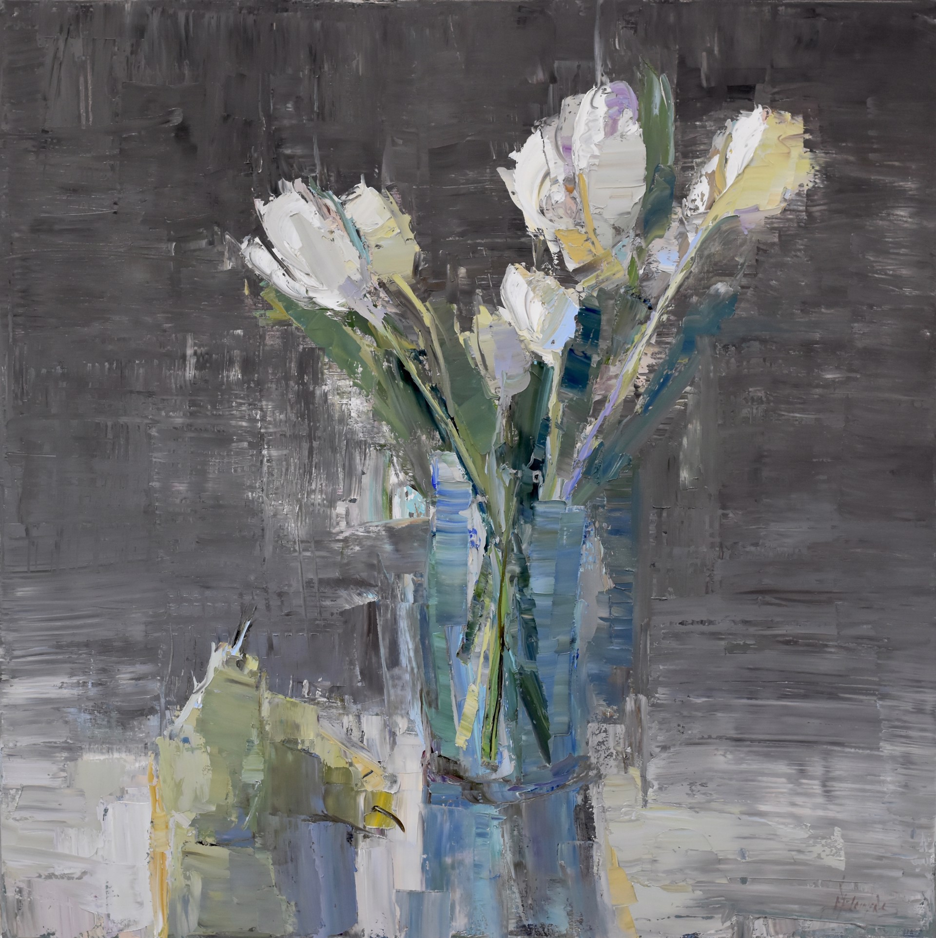 Tulips in Blue Glass  by Barbara Flowers