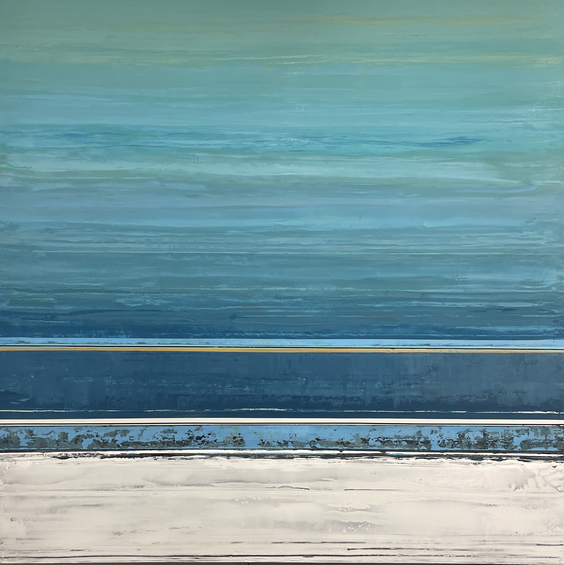 Peaceful Earth by California artist and painter Stephanie Paige is a 60"H x 60"W abstract seascape with marble plaster paints in turquoises and blues transitioning into white.  