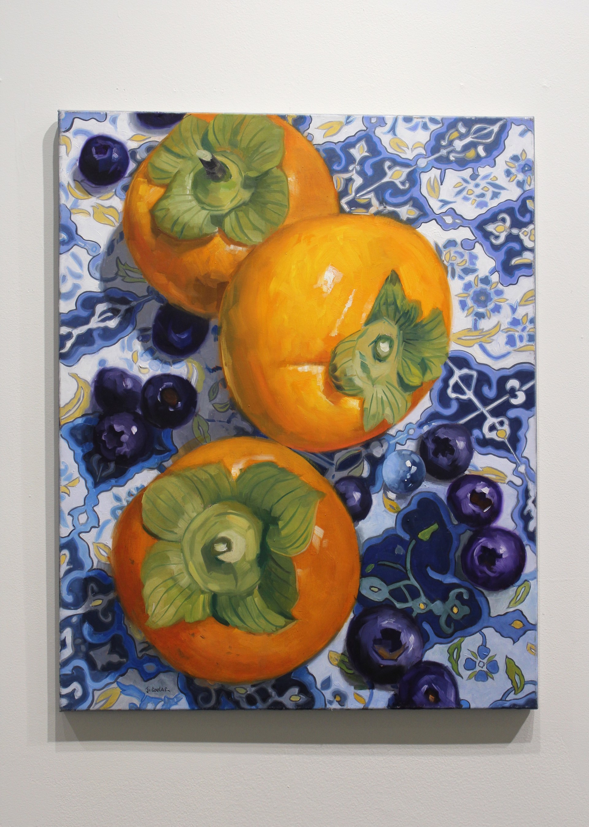 Three Persimmons on a Blue Tile by Jacques Soulas