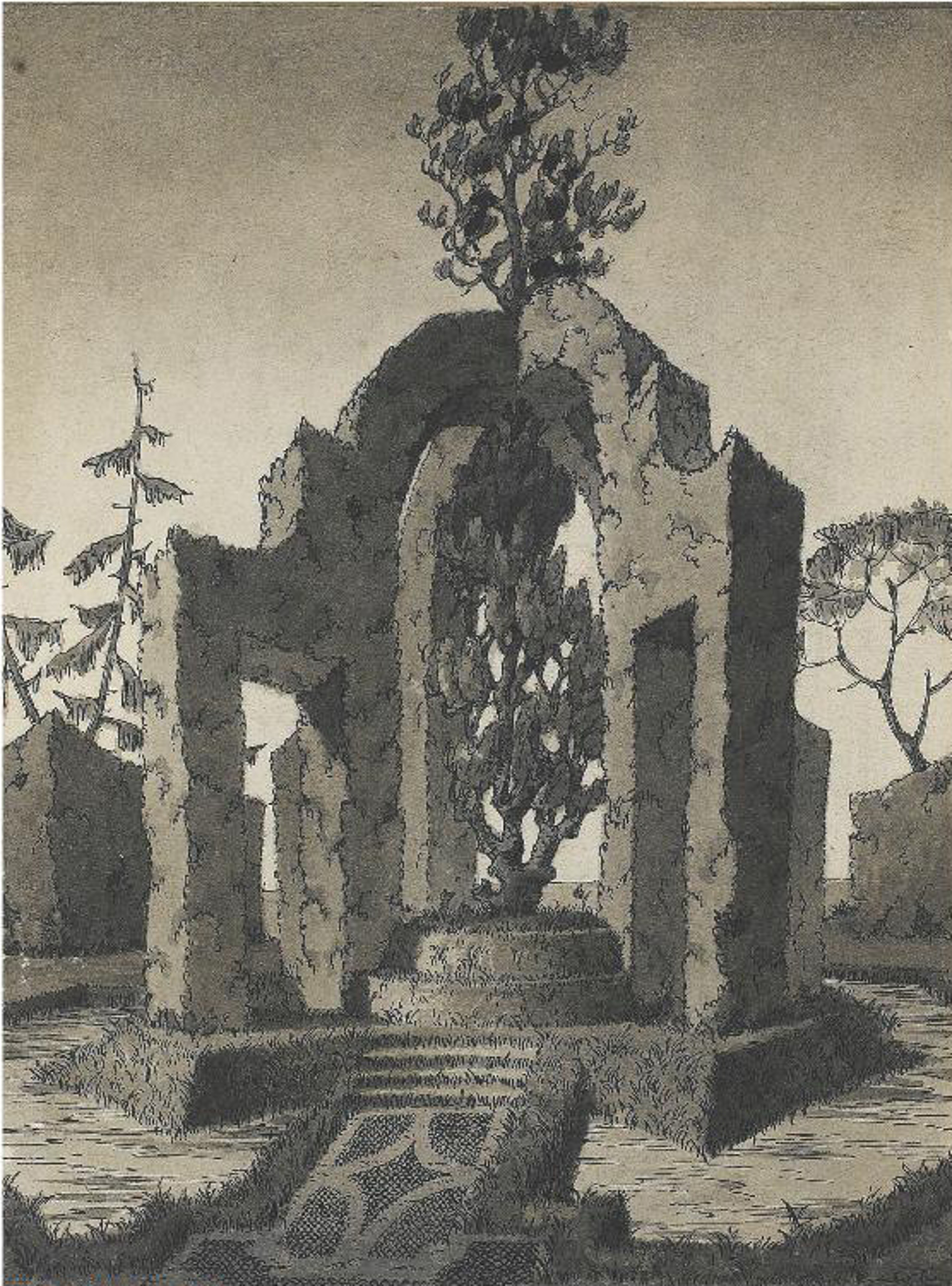 DRAWING OF A TOPIARY IN THE SHAPE OF AN ARCHED MONUMENT by Emilio Terry