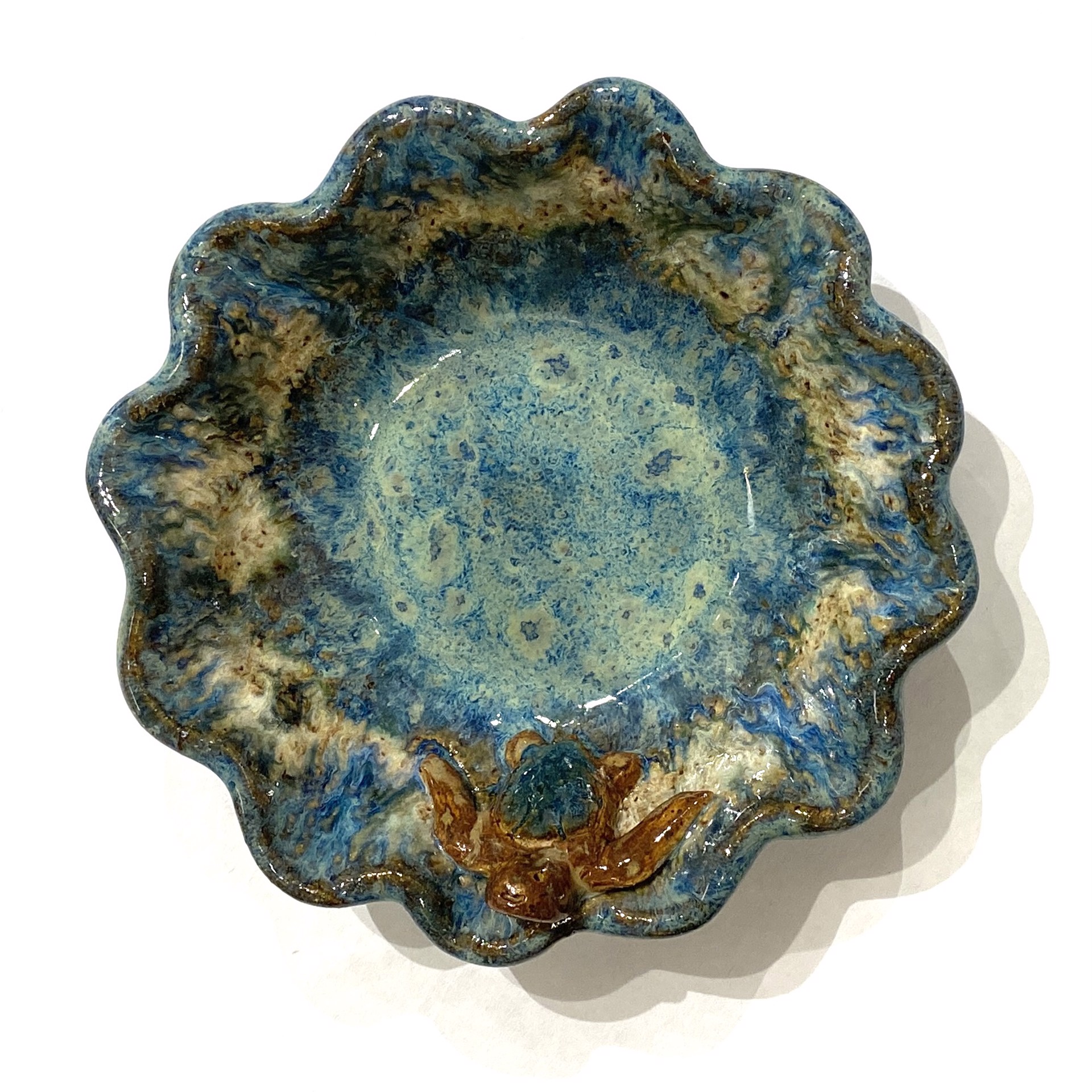 Mini Round Scalloped Bowl with Turtle (Blue Glaze) by Jim & Steffi Logan
