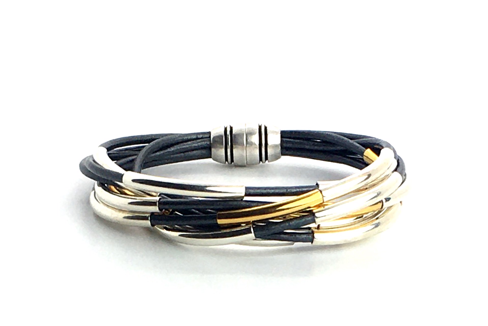 Teal Leather Bracelet with Silver Plated Tubes, Gold Accents and Magnetic Silver Clasp  by Suzanne Woodworth