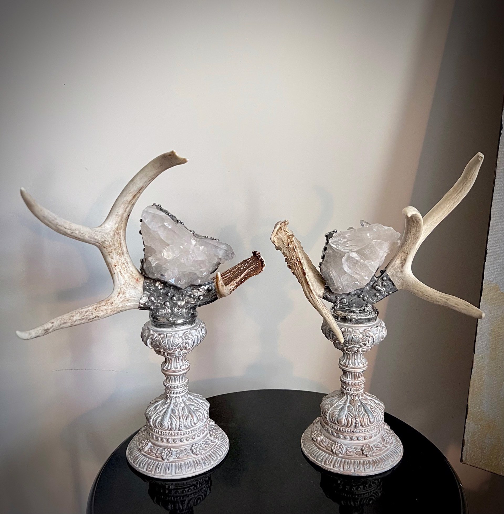 Pair White Tail Deer Antlers/Qtz on Antiqued Metal Candlesticks by Trinka 5 Designs