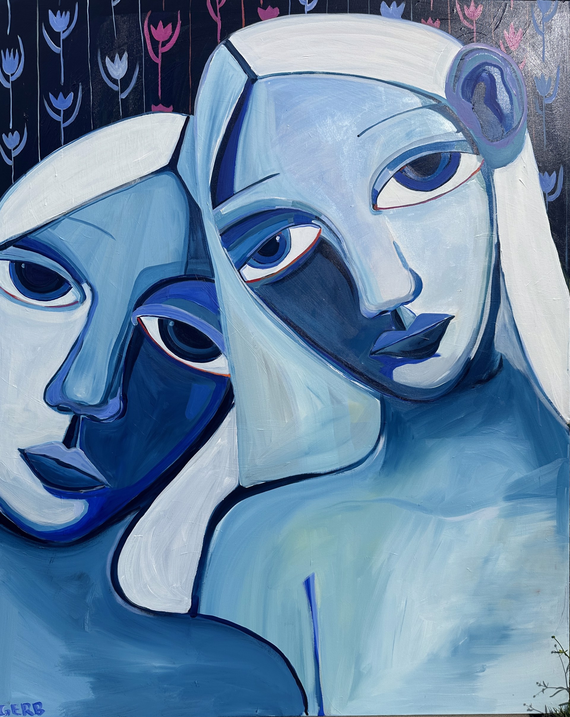 two women's faces in shades of blue