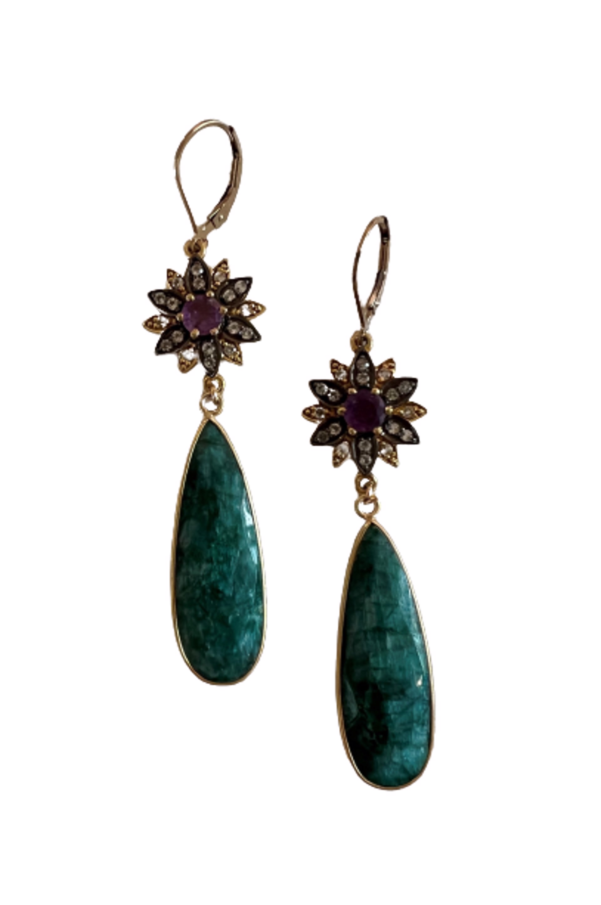 Indian Emerald Briolette Earrings with Pave White Topaz and Amethyst ...