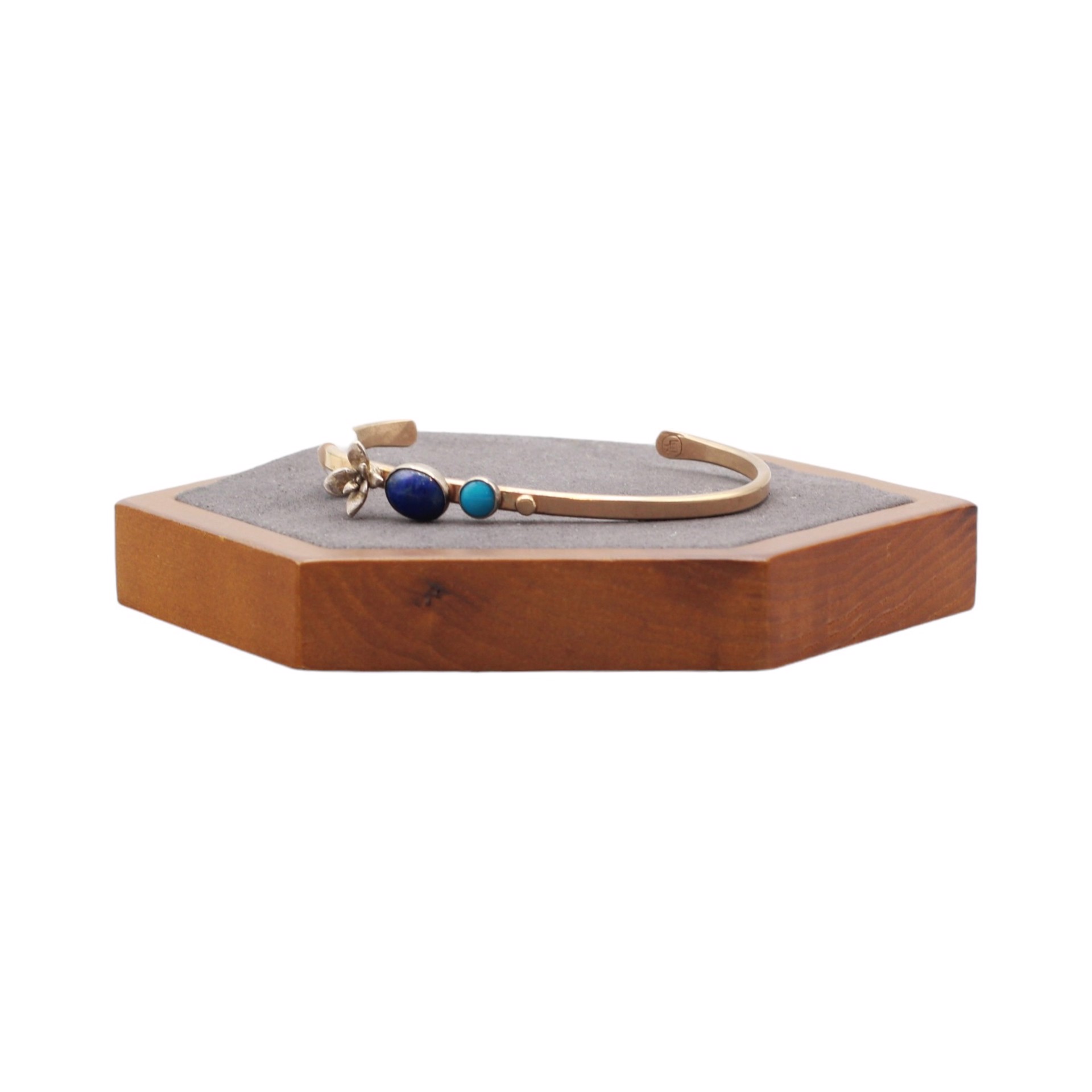 14k Gold Cufflette with Silver Cast Succulent ,Lapis, Sonoran Rose Turquoise by Emily Dubrawski