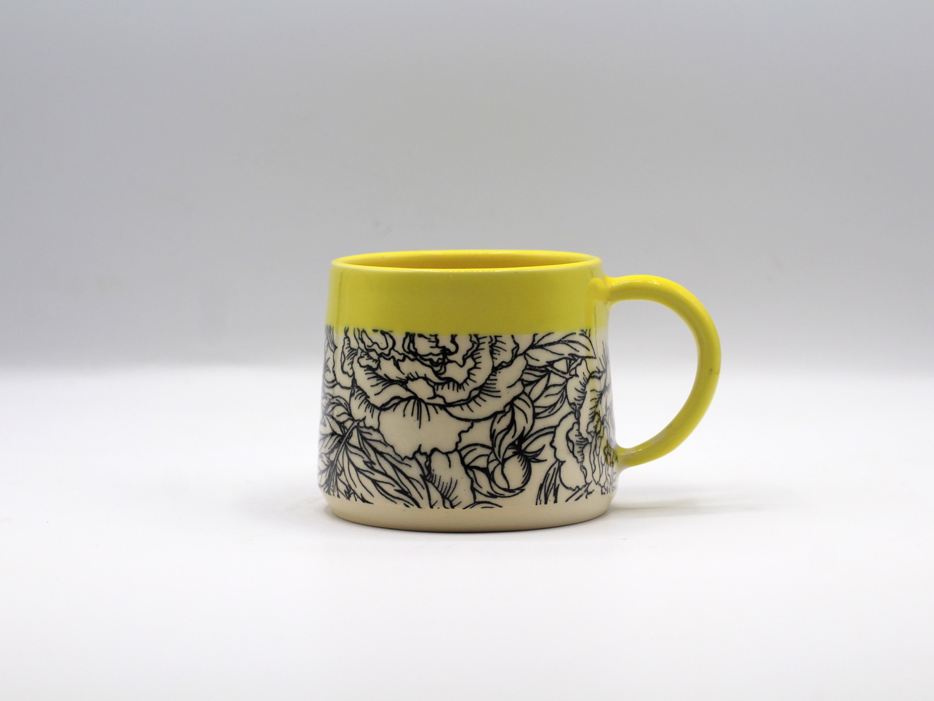 B&W Peony w/ Yellow Glaze Mug by Kara Lovell