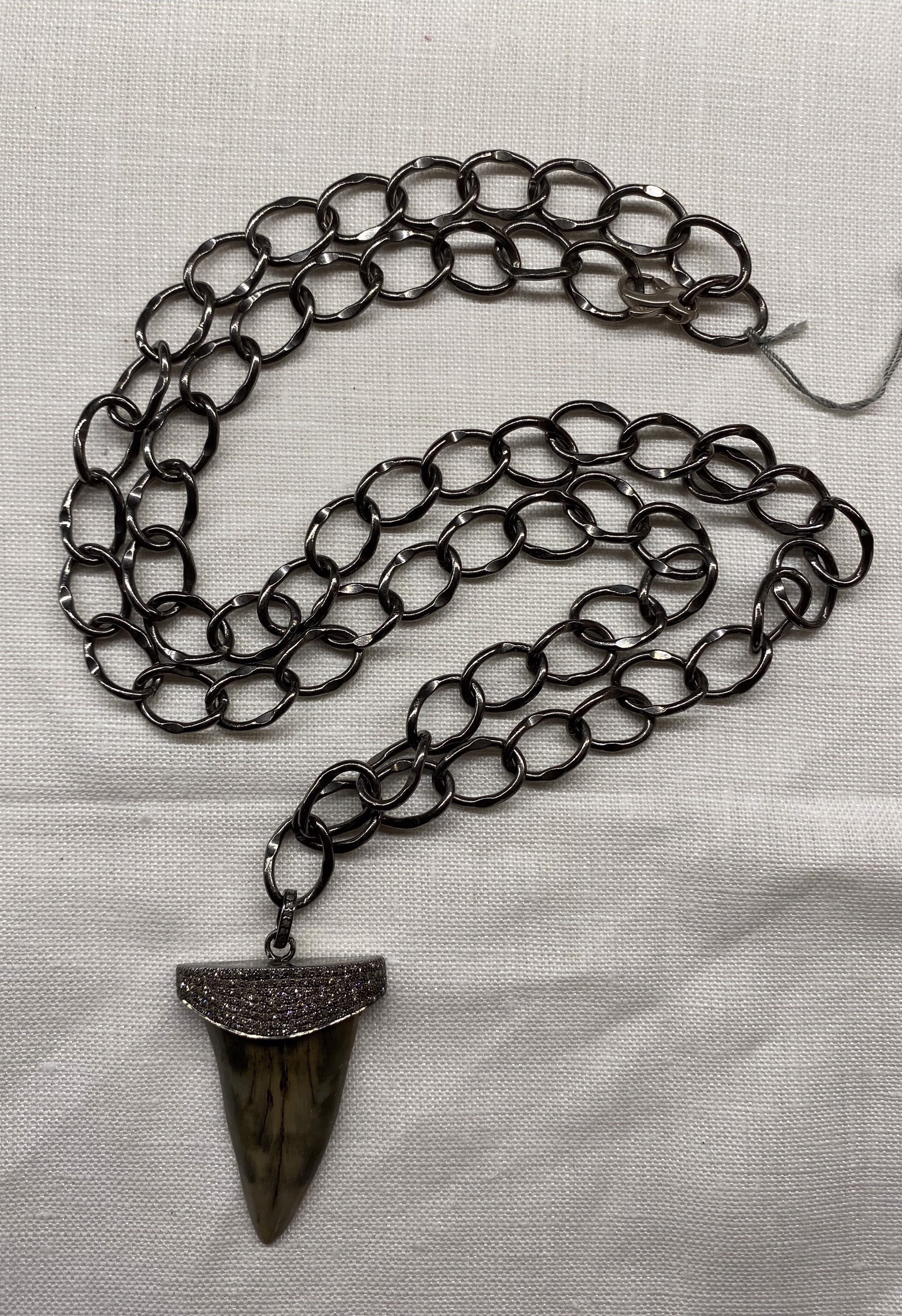 Sterling silver shark tooth with pavé diamonds, antiqued silver chain by Jeri Mitrani