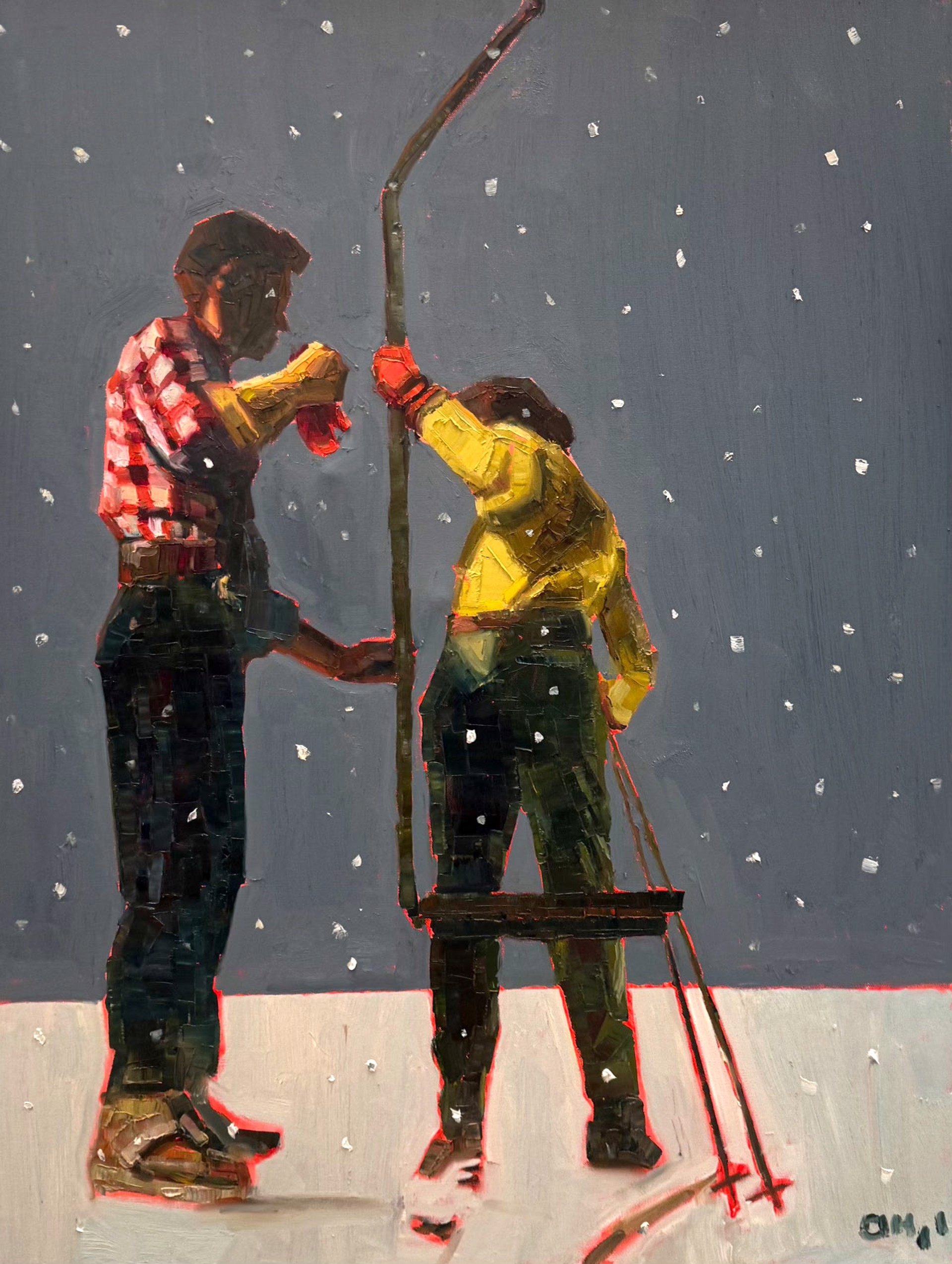 Original Oil Painting By Aaron Hazel Featuring A Man Helping A Women Skier Onto A T Bar Ski Life 