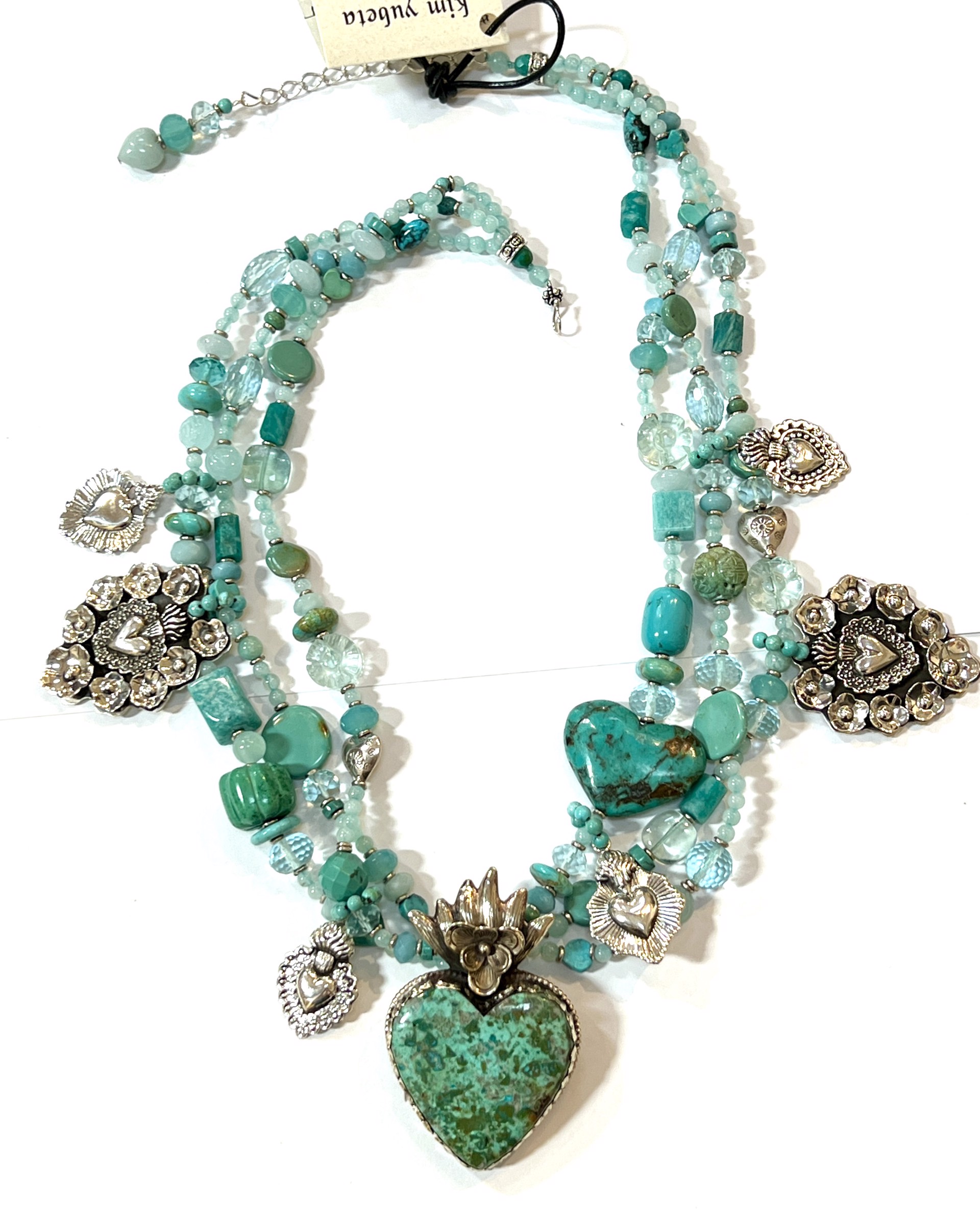 KY 1503 Necklace - Three Strand Chalcedony, Turquoise & Amazonite by Kim Yubeta