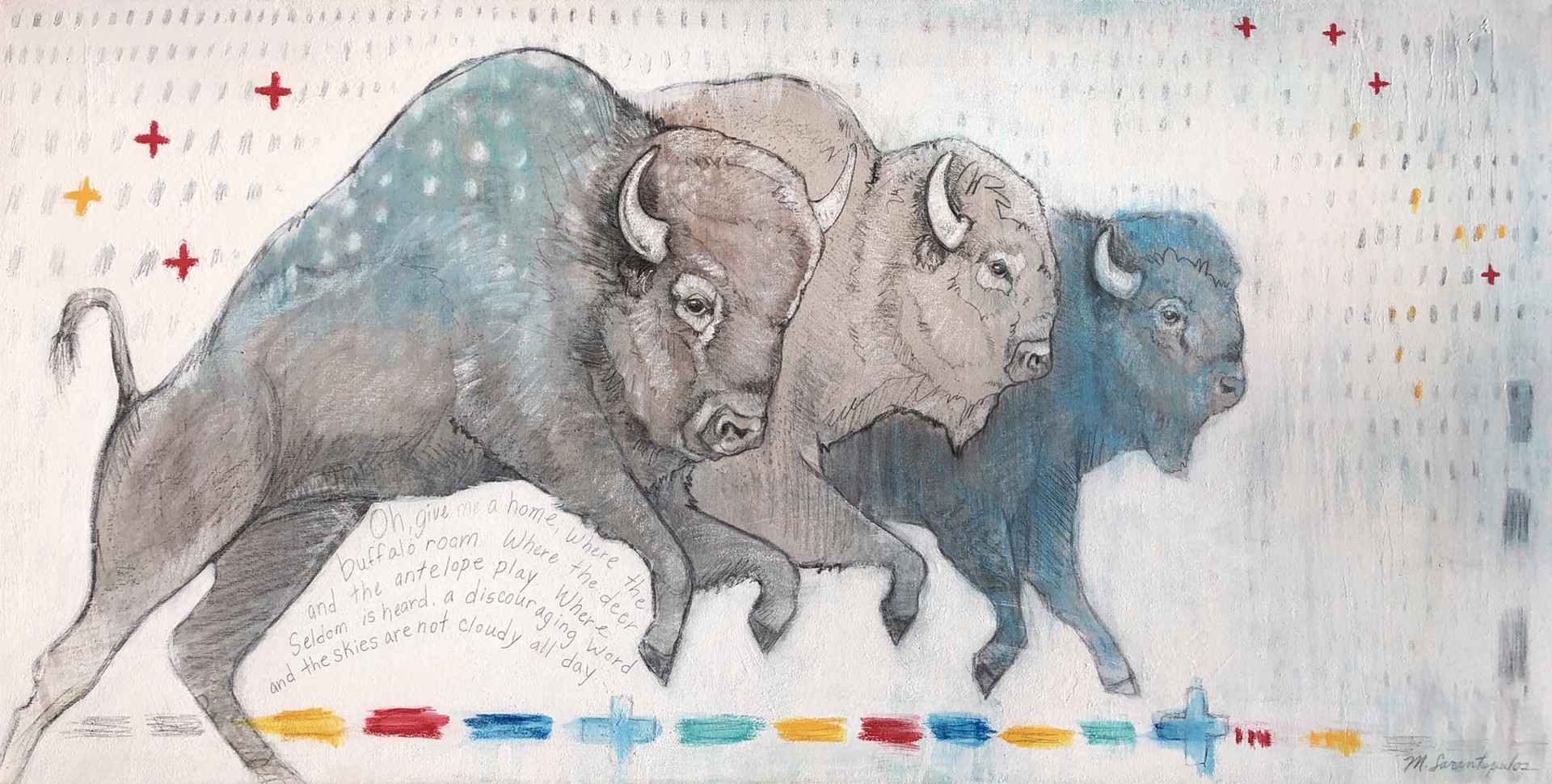 Original Mixed Media Painting Featuring Three Bison Jumping Over Abstract White Background With Primary Color Doodled Shape Details Graphite Patterning And Graphite Lyrics In Text