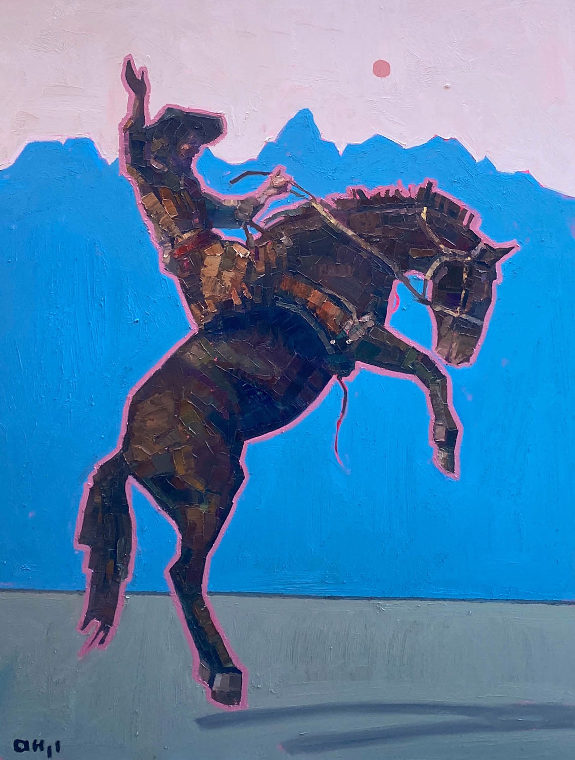 Original Oil Painting By Aaron Hazel Featuring A Trick Rider On Horseback With Teton Silhouette In The Background