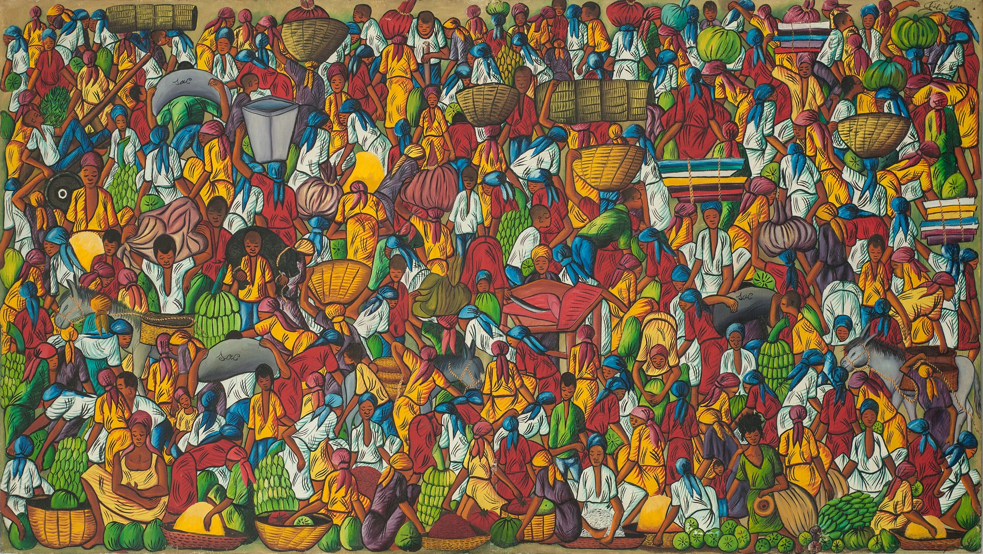 Busy Market Scene in Red #18-4-90GSN by Felix Jean (Haitian, 1929-1979)