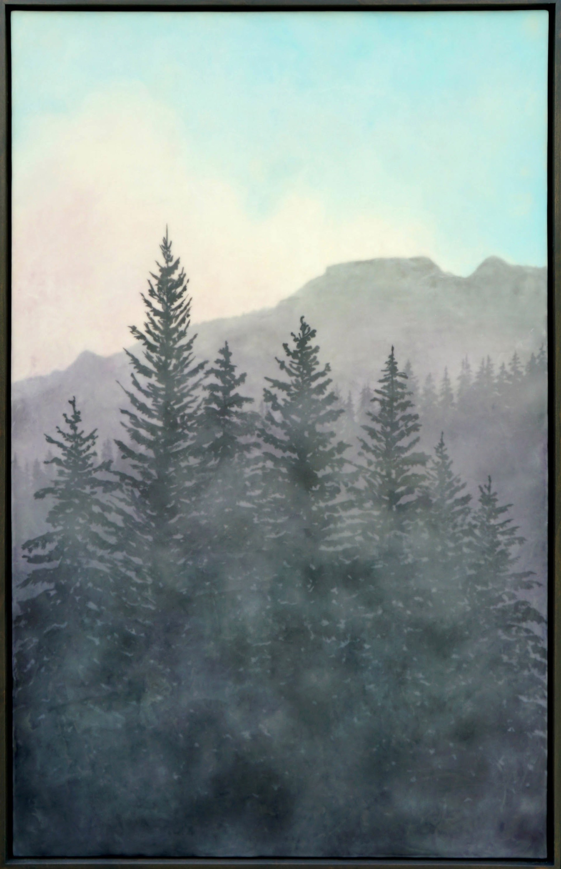 Original Encaustic Landscape Painting Featuring A Distant Mountain And Trees
