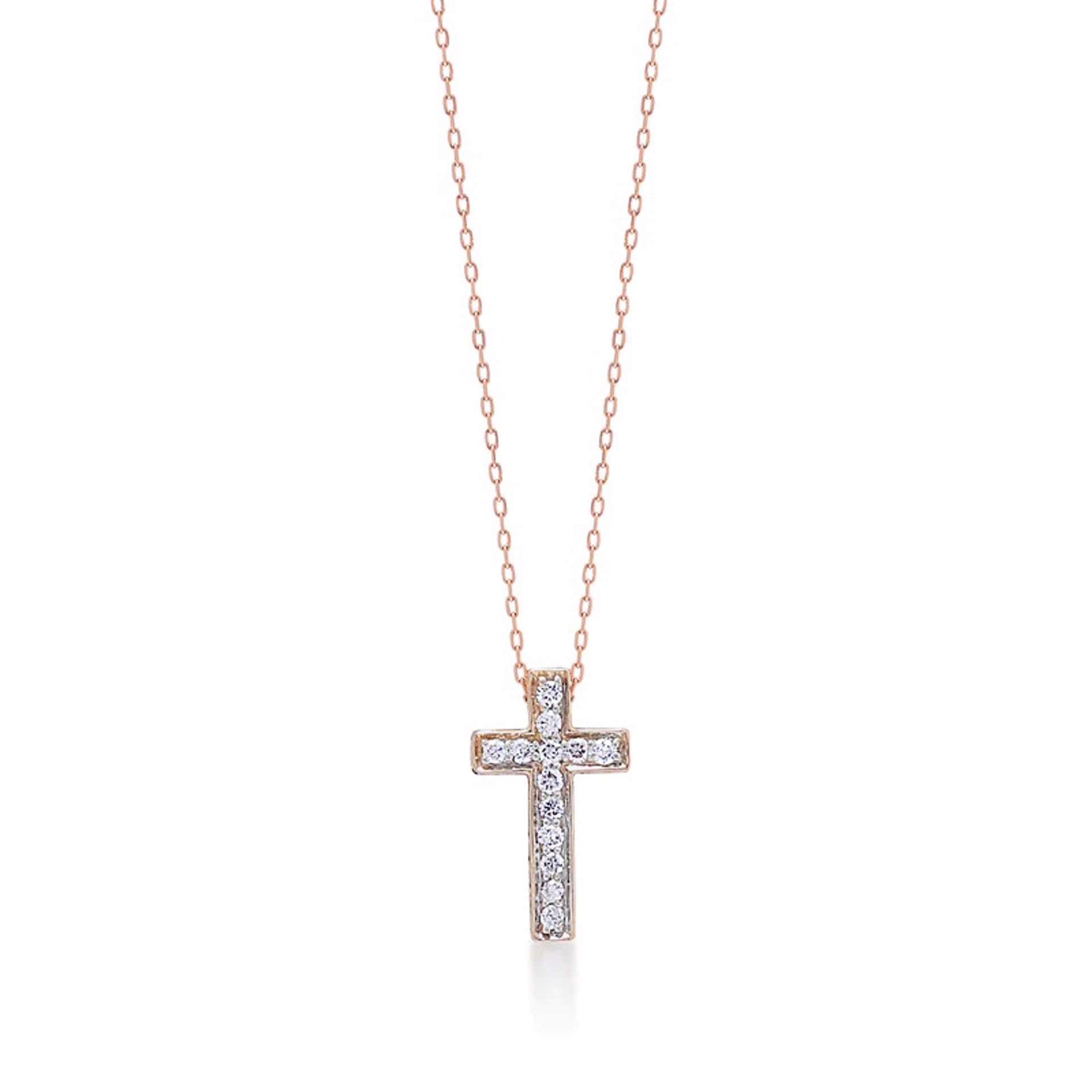 1022 18K Rose Gold and White Diamond (0.13 CT) Cross with Signature Scroll Necklace by Lois Hill