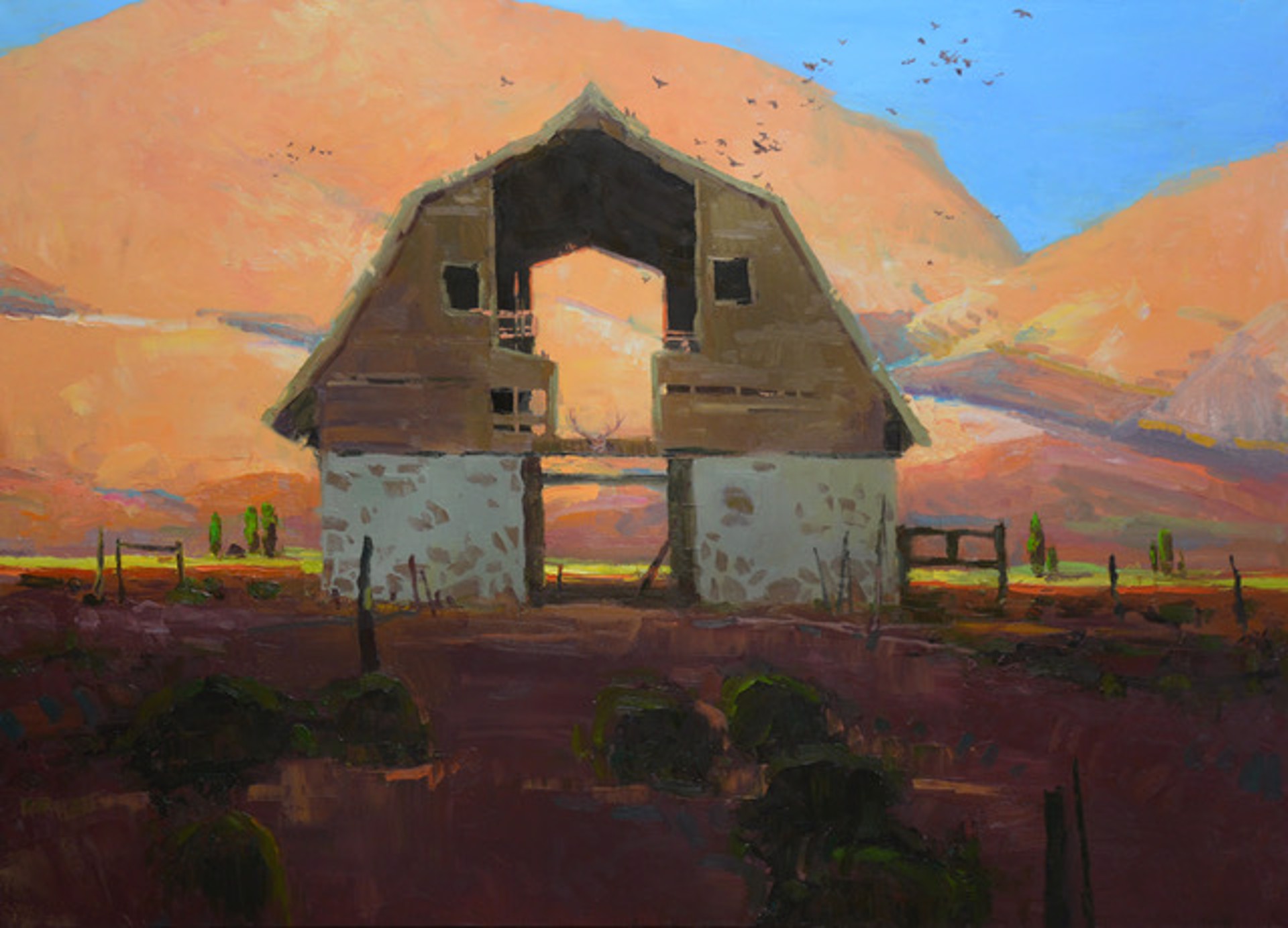 A Contemporary Oil Painting Of A Unique Old Barn With Birds Taking Off In Rolling Hill Farm Land, By Silas Thompson 