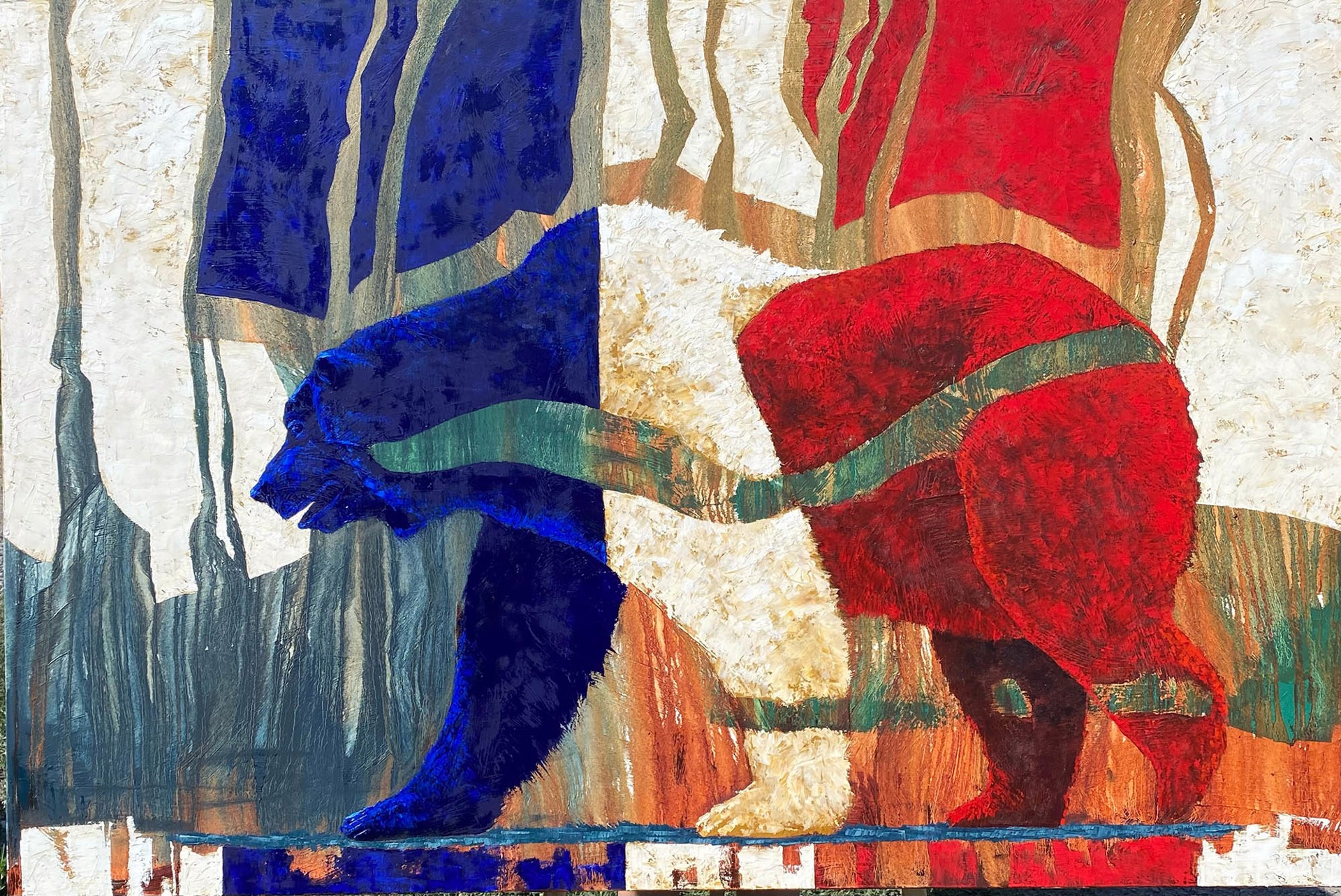 Original Oil Painting Featuring A Walking Bear In Color Blocked Red, White And Blue Over Abstract Background