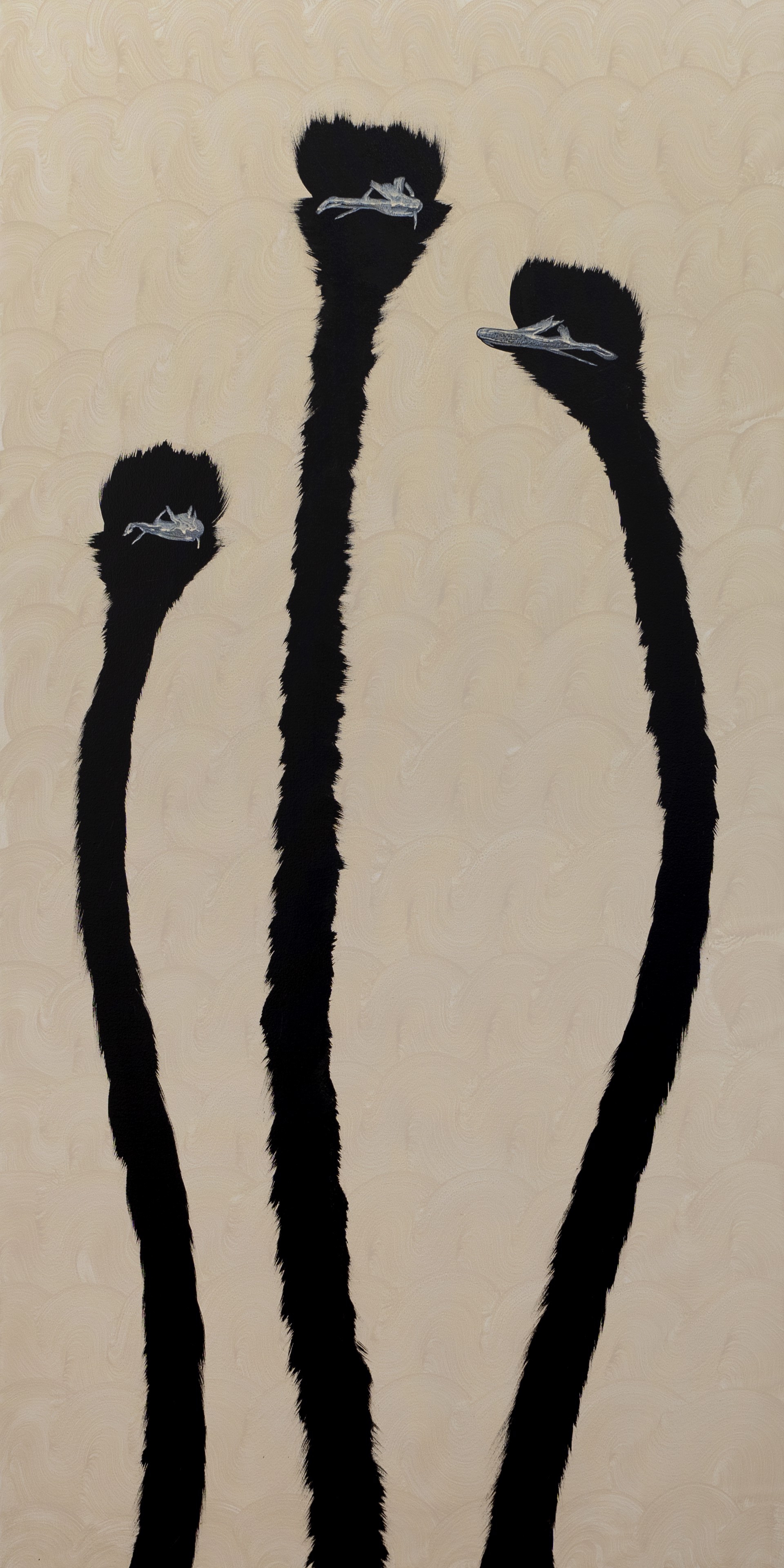 Three Tan Ostrich on Tan Swirls by Josh Brown