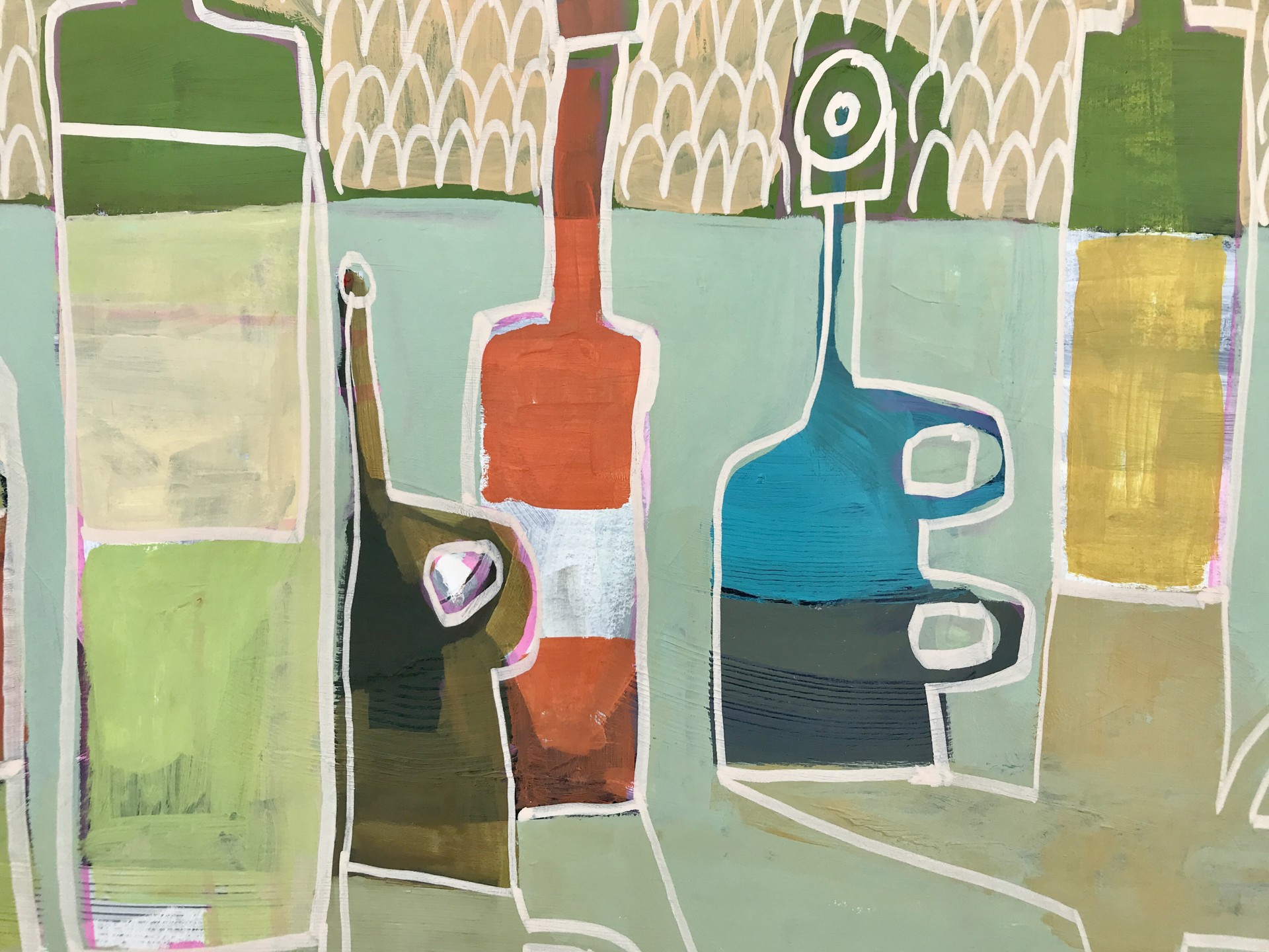 Six Bottles on Green Table by Rachael Van Dyke