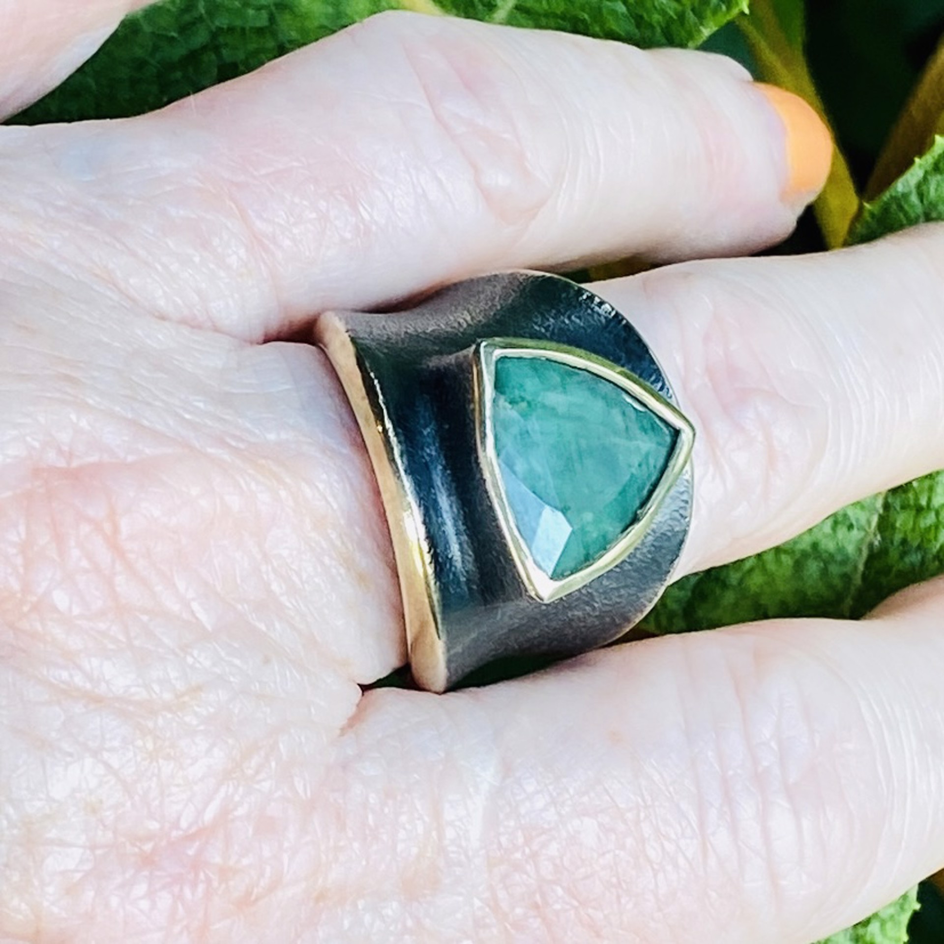 Large Faceted Indian Emerald Oxidized Wide Band Ring sz10 by Bora